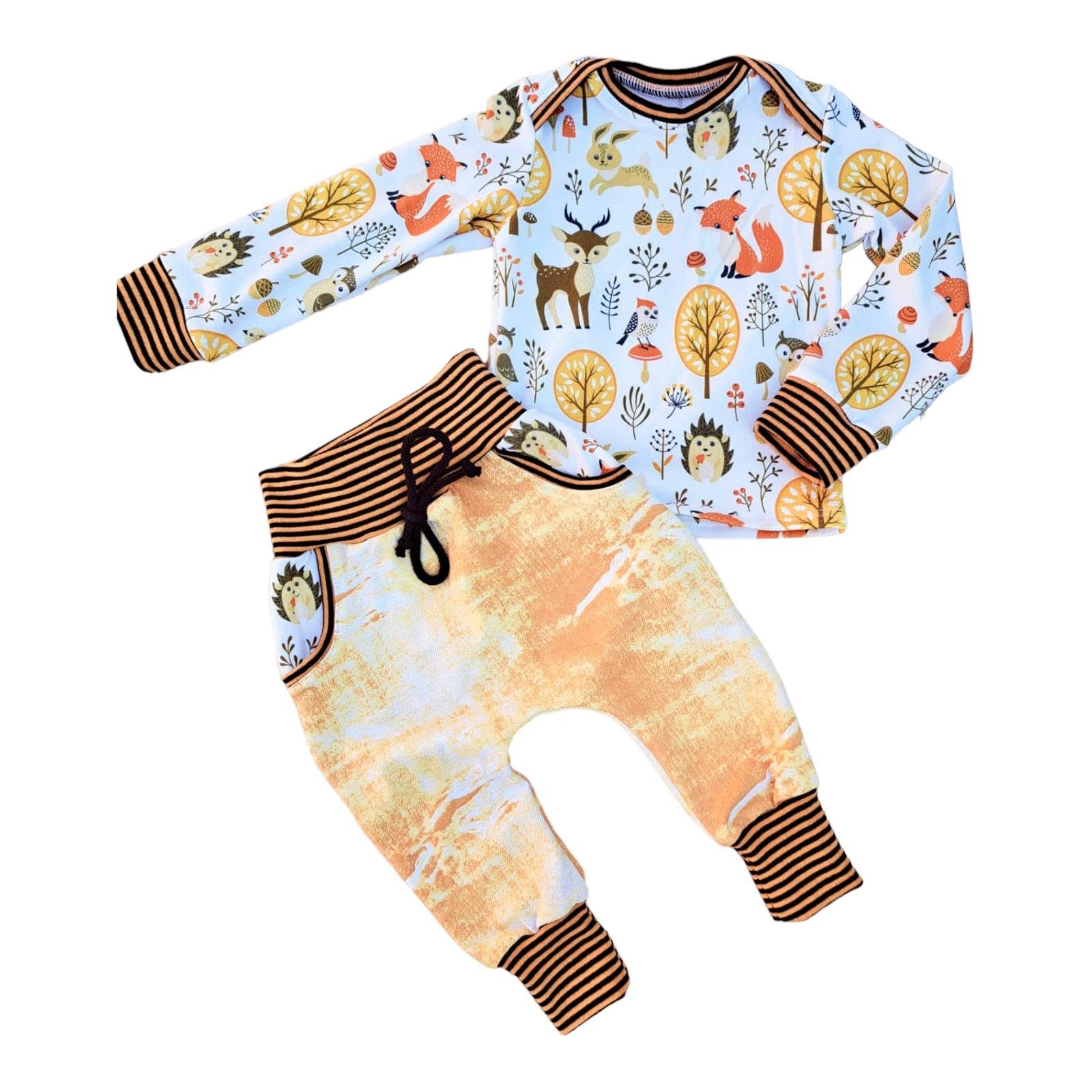 Neugeborenen-Geschenkset Set: Shirt und Pumphose Waldtiere Fuchs und Igel im Wald Geschenk