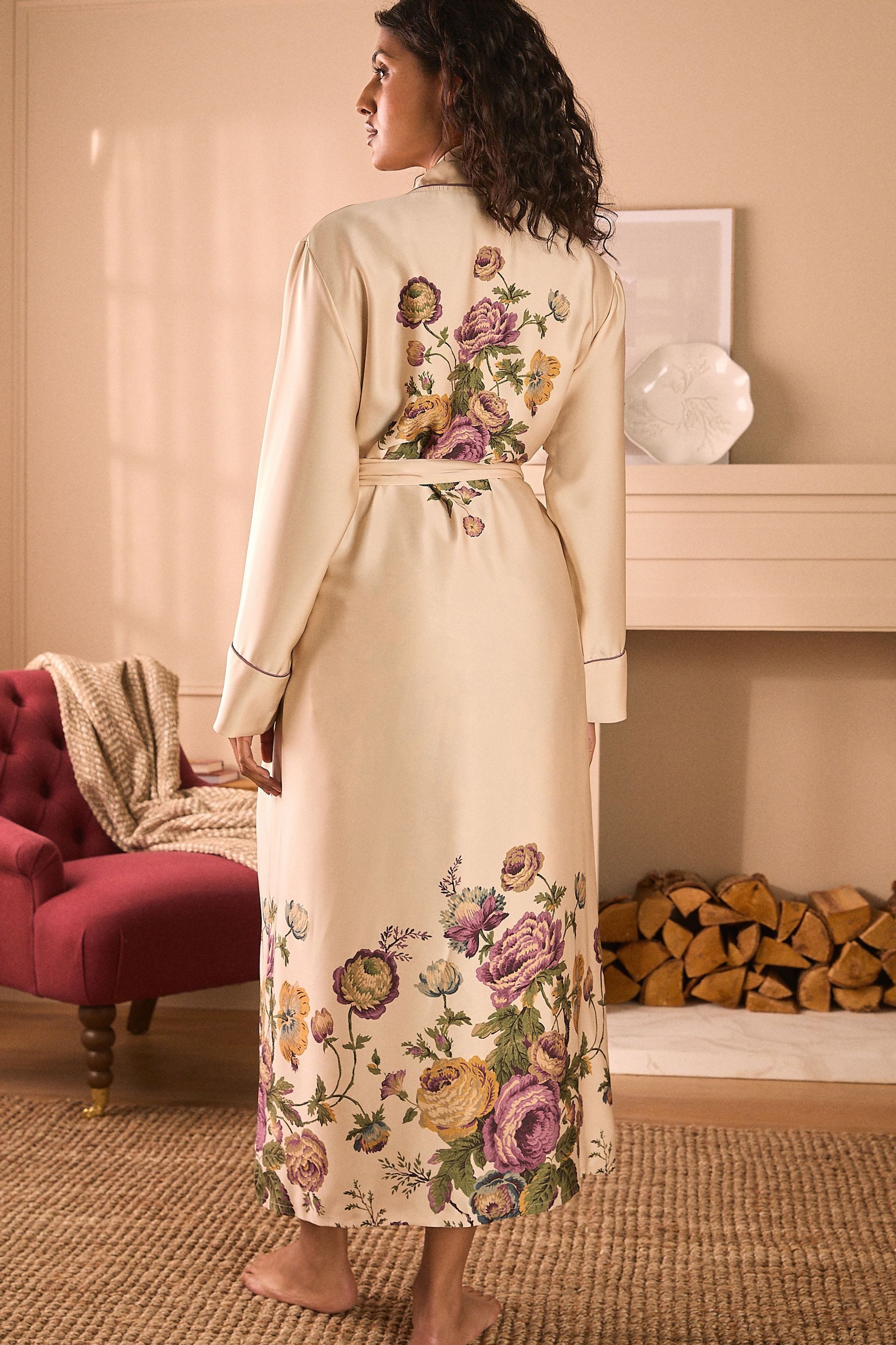 LAURA ASHLEY Damenbademantel Laura Ashley Uffington Roses längerer Morgenmantel, Polyester, Elastomultiester