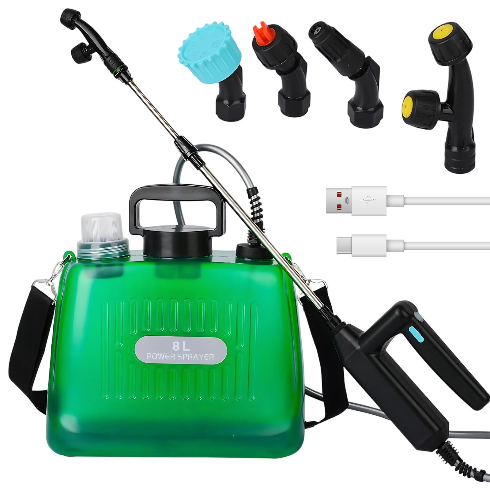 AKKEE Drucksprühgerät Akkubetriebenes Sprühgerät, elektrisches Sprühgerät 8L, mit 4 Nebeldüsen, wiederaufladbarer USB-Griff