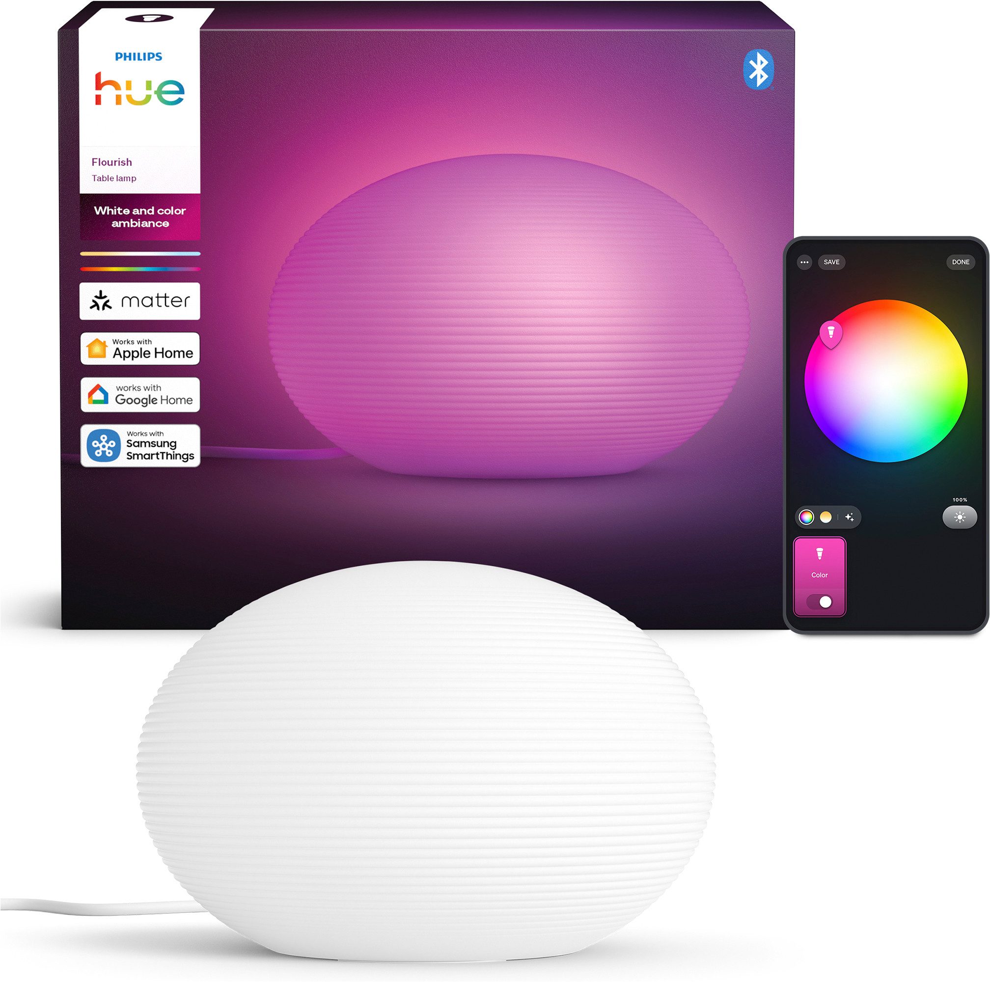 Philips Hue LED Tischleuchte White & Color Ambiance Flourish, Abschaltautomatik, Bluetooth, CCT - über Fernbedienung, Dimmer, Dimmfunktion, Einschlafhilfe, Farbsteuerung, Farbwechsel, Memoryfunktion, Nachtlichtfunktion, RGB, Smart Home, Tageslichtsensor, Timerfunktion, dimmbar über Fernbedienung, mehrere Helligkeitsstufen, LED fest integriert, Farbwechsler, dimmbar, Smart-Home fähig, steuerbar per App