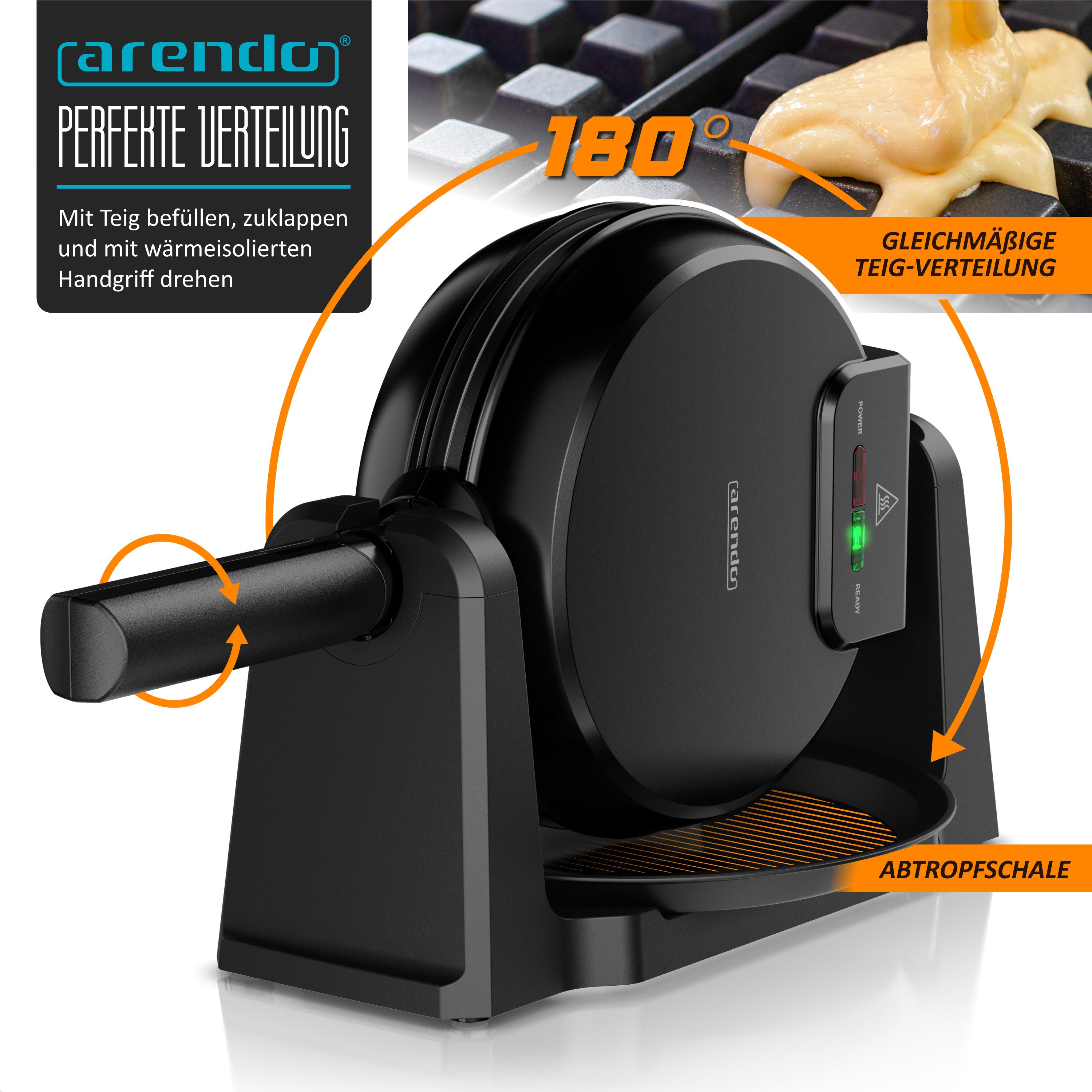Arendo Waffeleisen Waffelautomat für klassische Waffel mit 17cm Ø, automatische Bräunung, 1000 W, drehbarer Waffelmaker, Rotierend, Antihaftbeschichtet, Abtropfschale