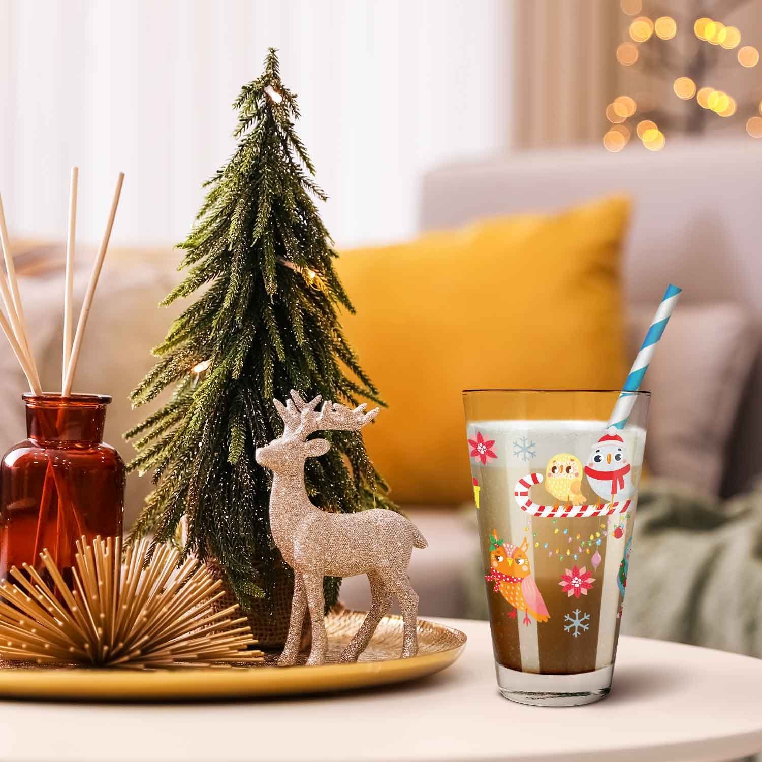 Weihnachtszeit als Glas, Zur Glas Druck zum und Geschenk Wintereule Kinder - UV GRAVURZEILE mit Weihnachtsmotiv, - Wichteln für