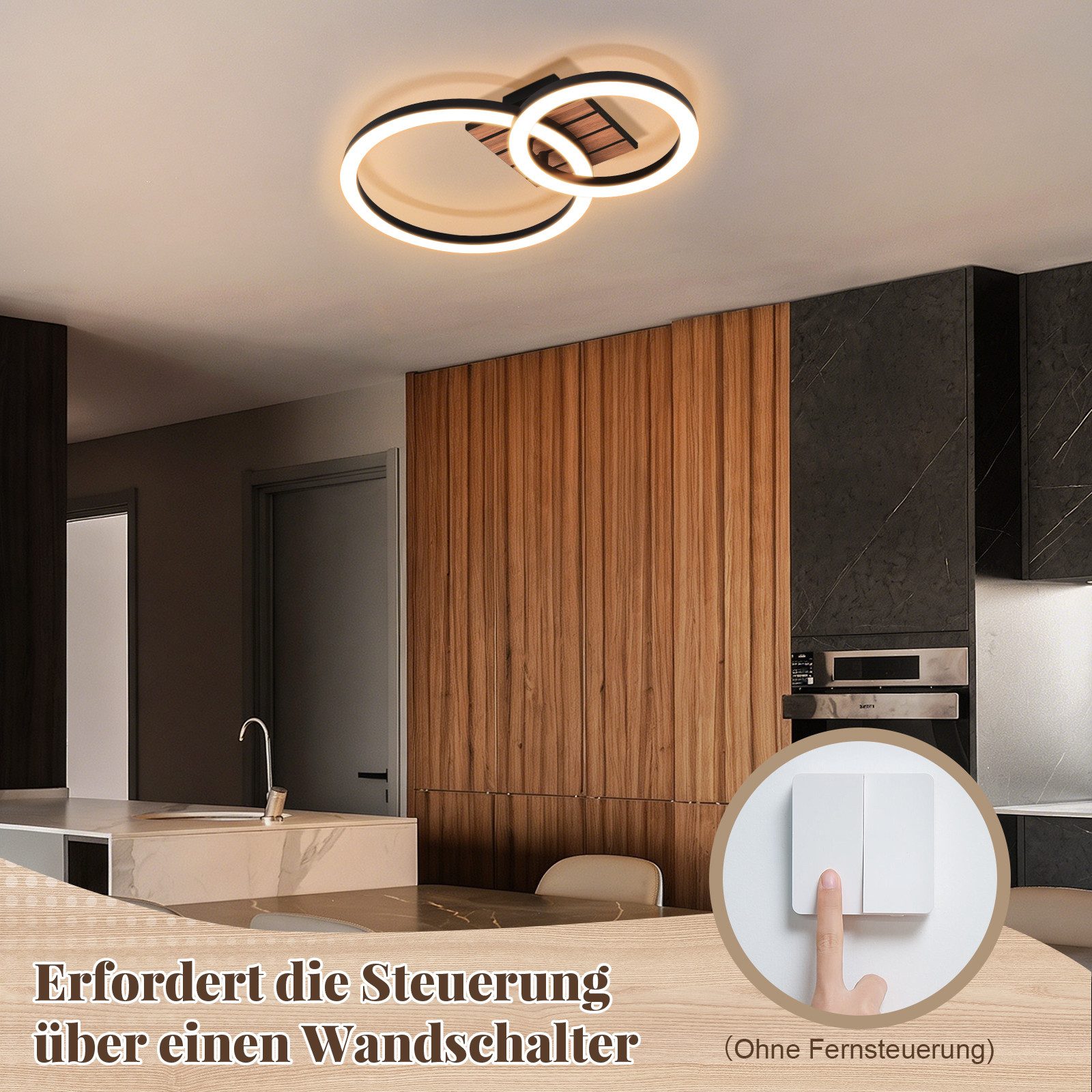 Nettlife LED Deckenleuchte Retro schwarz 14/21W eckig 3000K Warmweiß Design lampe Holz, LED fest integriert, für Küche Schlafzimmer Flur Wohnzimmer Bürolampe Zu – Bild 4 von 5