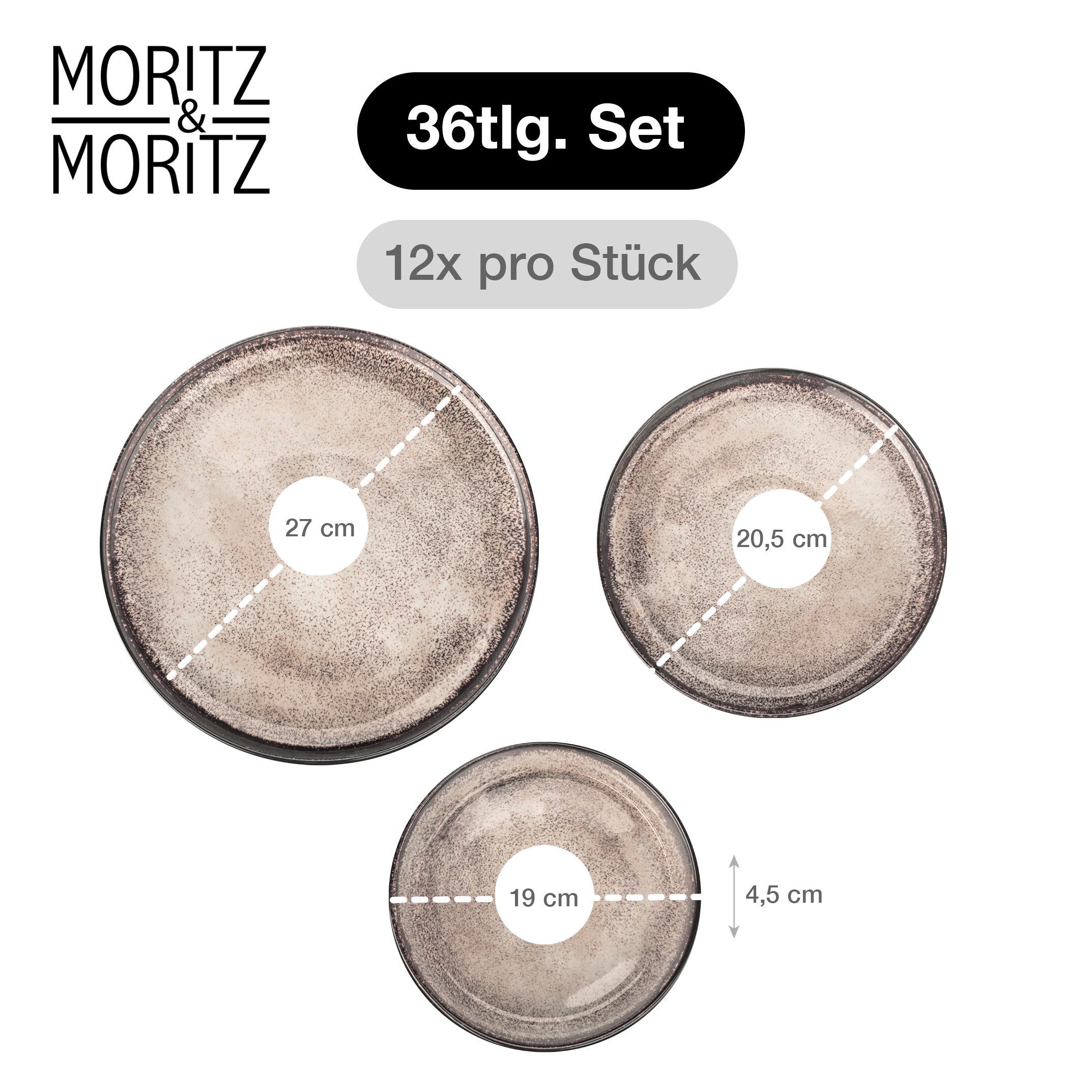 Moritz & Moritz Tafelservice Geschirr Set VIDA für 12 Personen Beige (36-tlg), 12 Personen, Porzellan, Kombigeschirr für 12 Personen