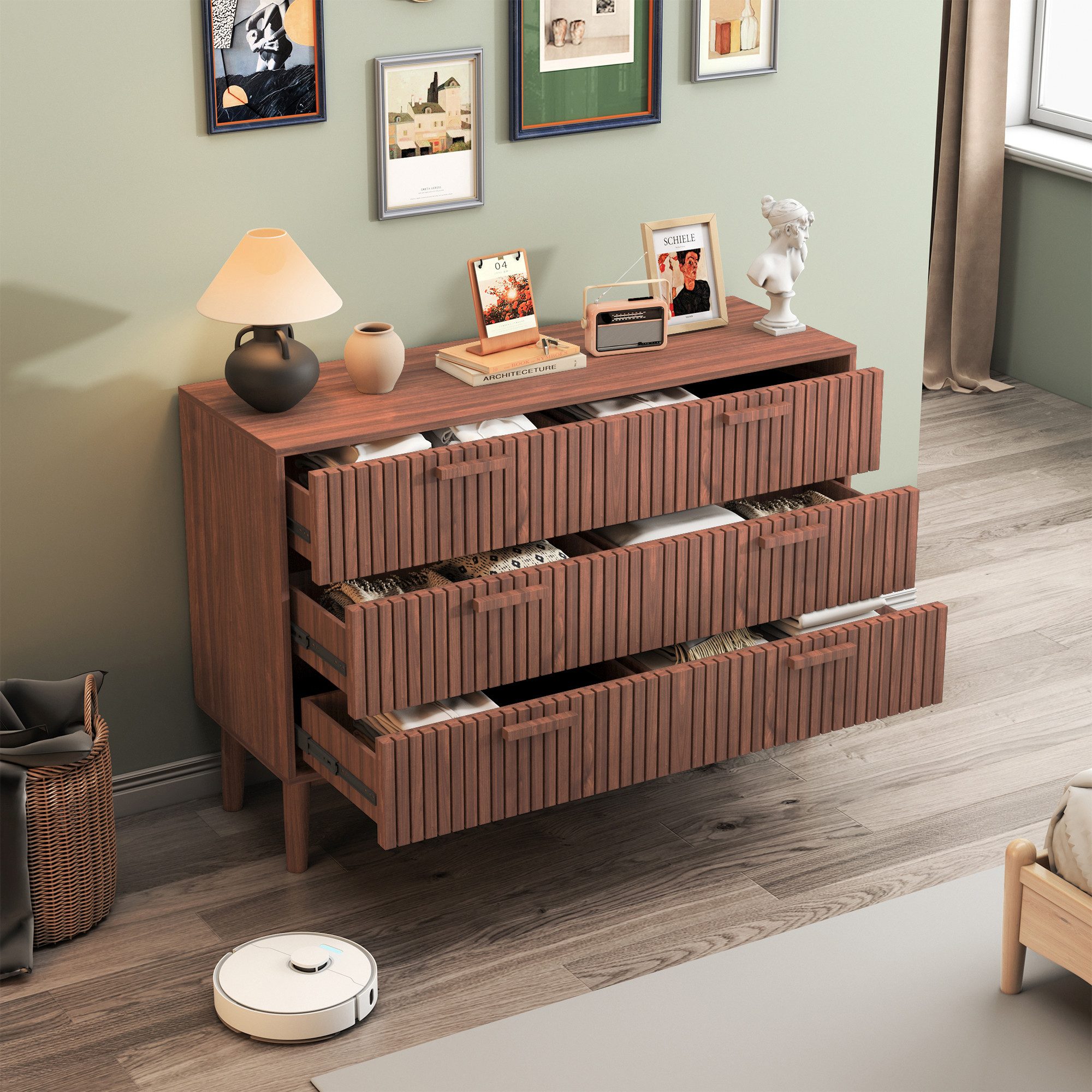 PXloue Kommode Mehrzweckschrank Holz Sideboard Mit 6 Schubladen Breite 100 cm, mit Griff
