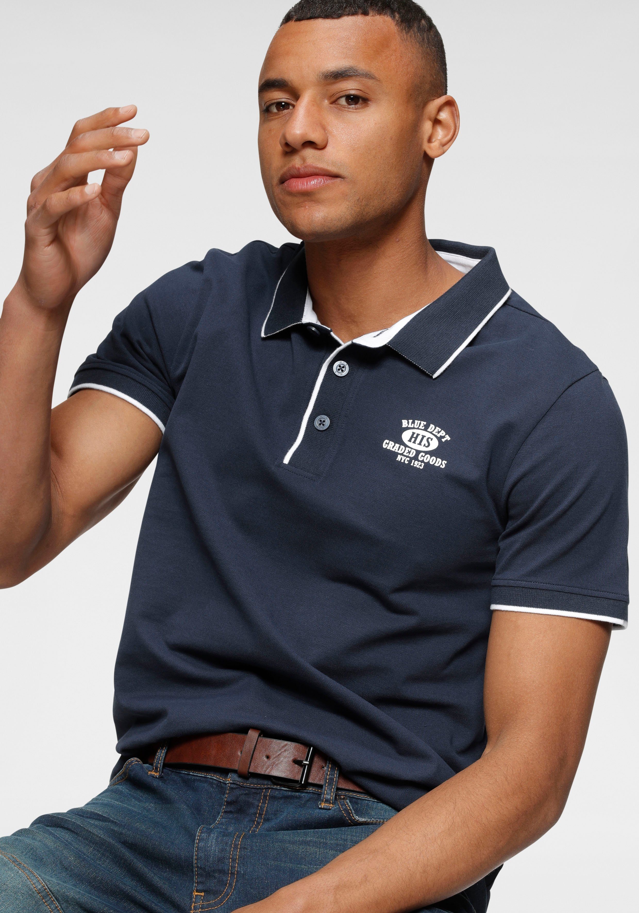 H.I.S Poloshirt in mit Innenkragen Qualität, Pique bedrucktem marine