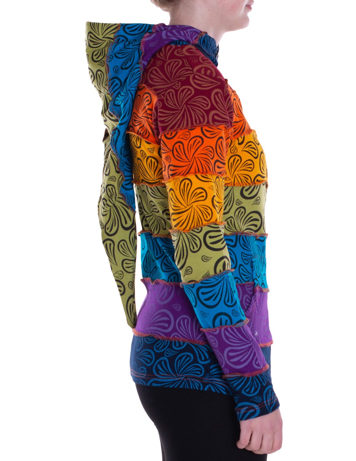 Vishes Kapuzensweatjacke Patchwork Regenbogen-Jacke mit Zipfelkapuze aus Baumwolle Alternative Bekleidung, Ethno, Hippie, Retro Style