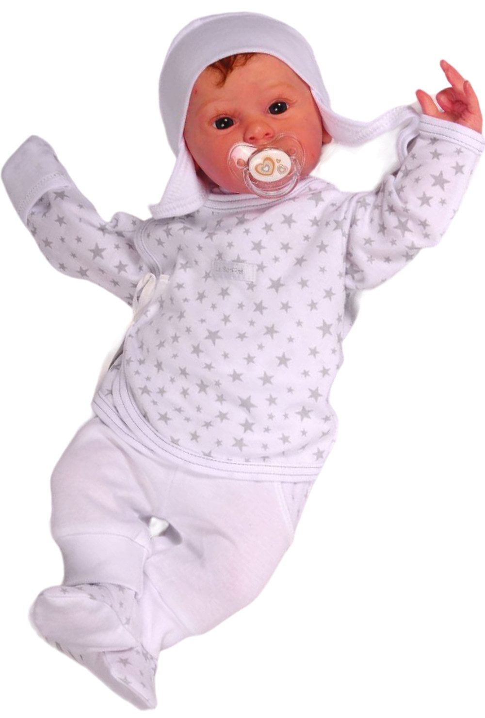 Langarmshirt & Hose Baby Anzug Wickelshirt Hose Mütze in Weiß mit Sternchen