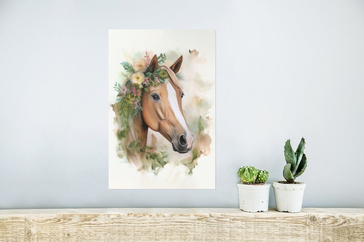 MuchoWow Poster (1 - Pferd Poster, Ohne - St), Blumen Wandbild, - Aquarell Tiere, - für Wandposter Rahmen Natur Wohnzimmer