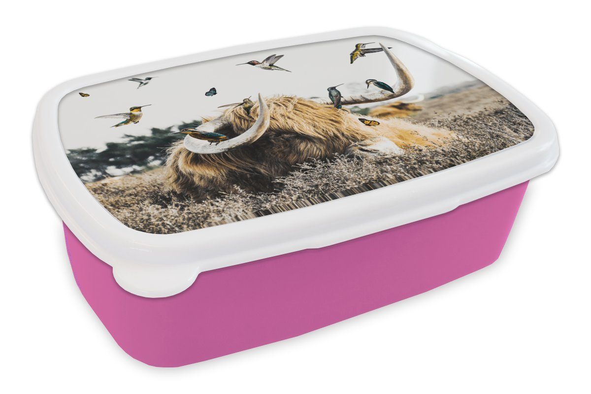 MuchoWow Lunchbox Schottischer Highlander Kunststoff, Kinder, Heidekraut, Vogel (2-tlg), rosa Mädchen, Brotdose Erwachsene, Kunststoff - Snackbox, für Brotbox 