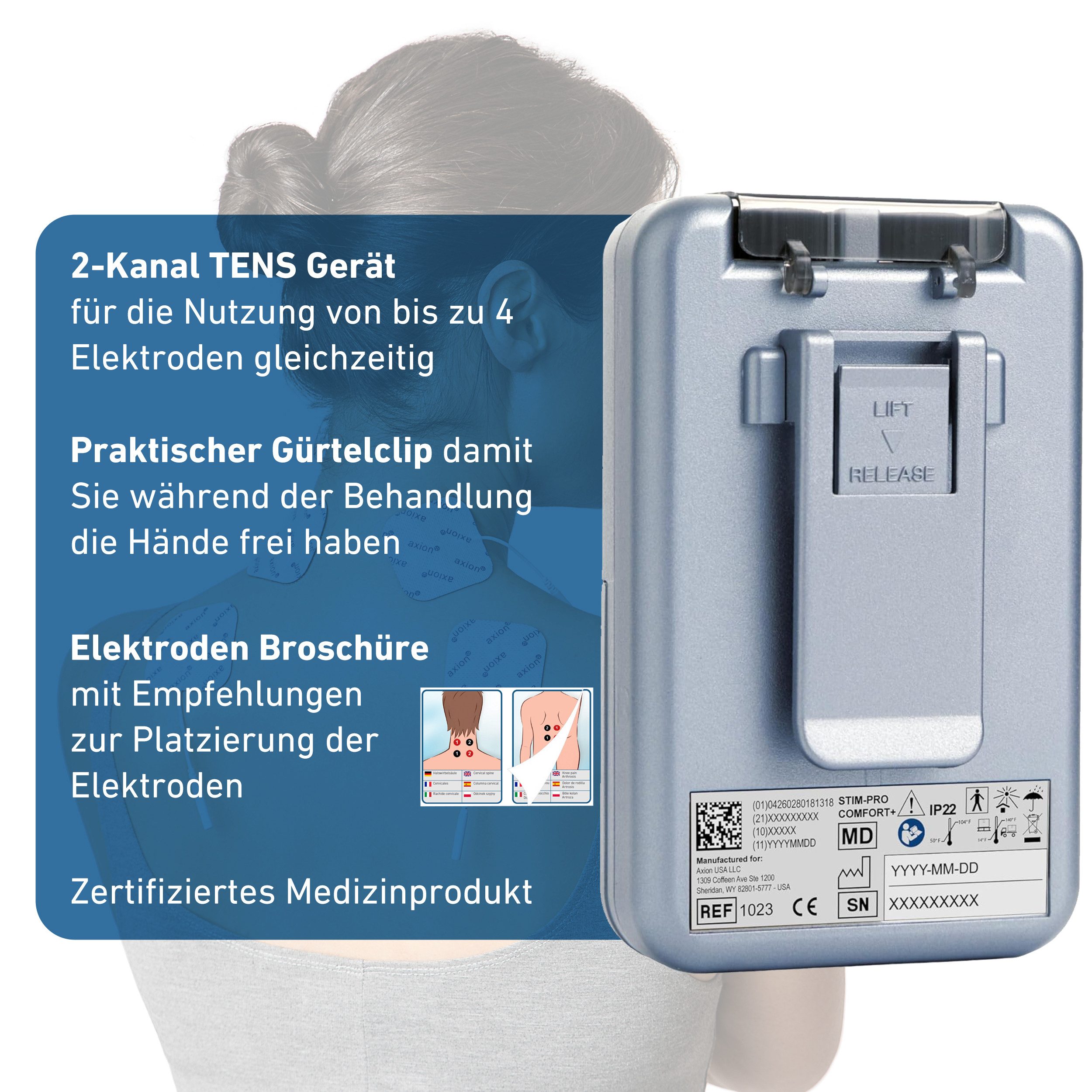 Axion TENS-Gerät 2 Kanal TENS Gerät STIM-PRO COMFORT gegen Schmerzen, (Set), Medizinprodukt nach MDR (EU) 2017/745