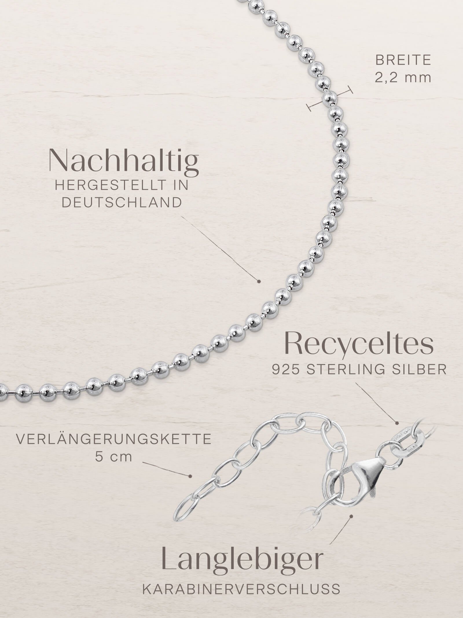 Silber Kugelkette, Fußkette Made - 2,2mm Fußkettchen in 28cm, Frauen, breit, 23cm modabilé 925, Germany Sterling