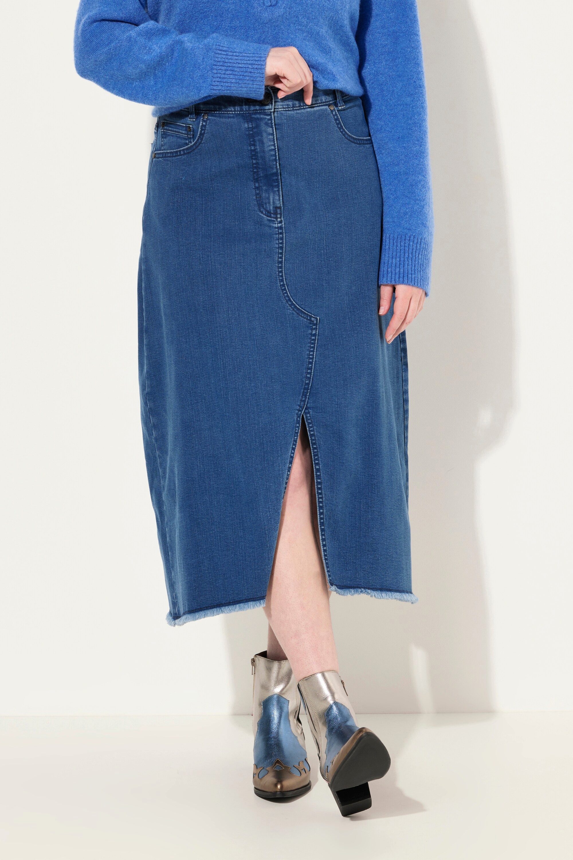 Ulla Popken Jeansrock Jeansrock Saumschlitz A-Linie Fransensaum