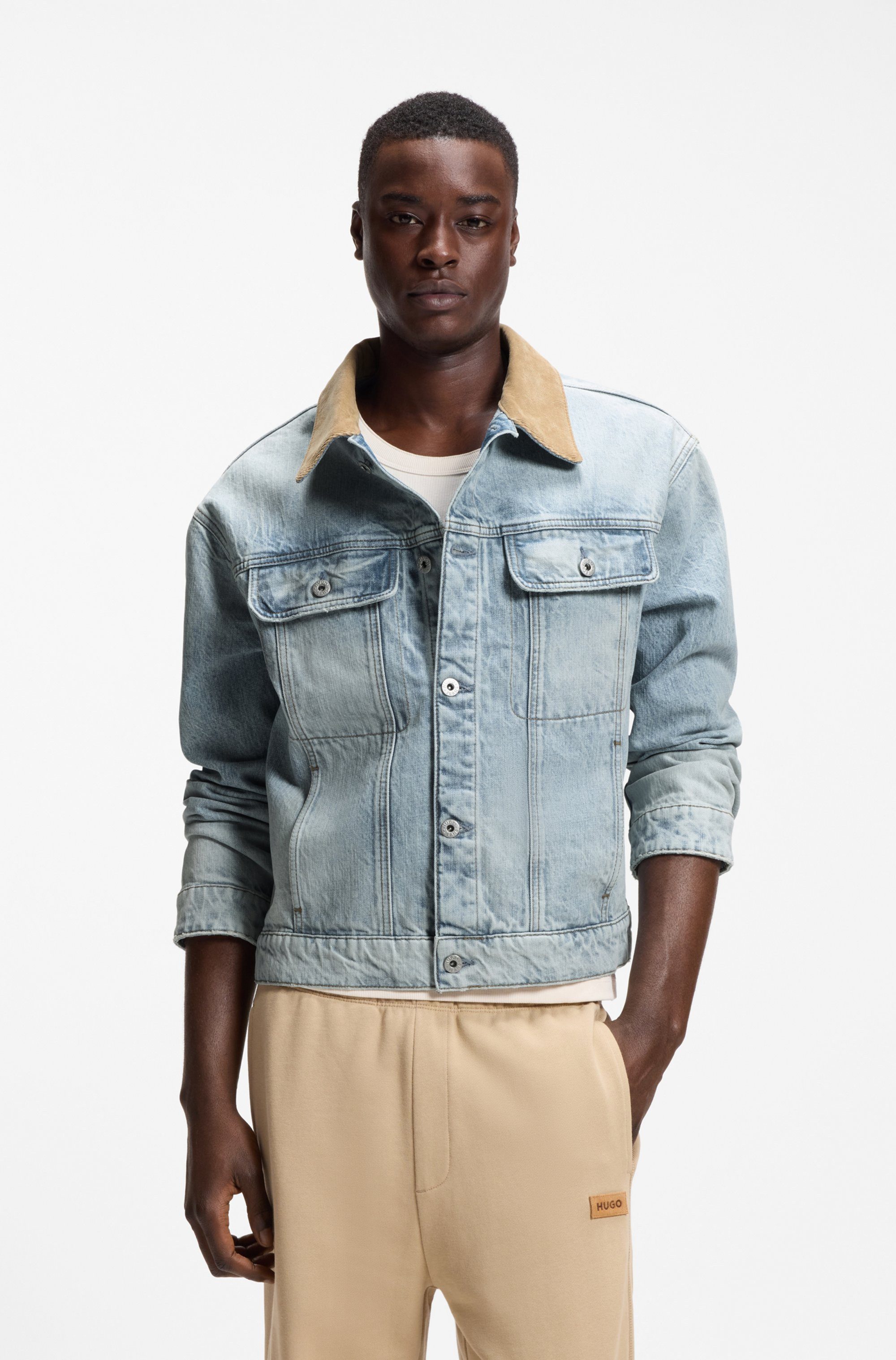 HUGO Jeansjacke Erlo Cordkragen, Relaxed Fit, Logo?Badge aus Veloursleder