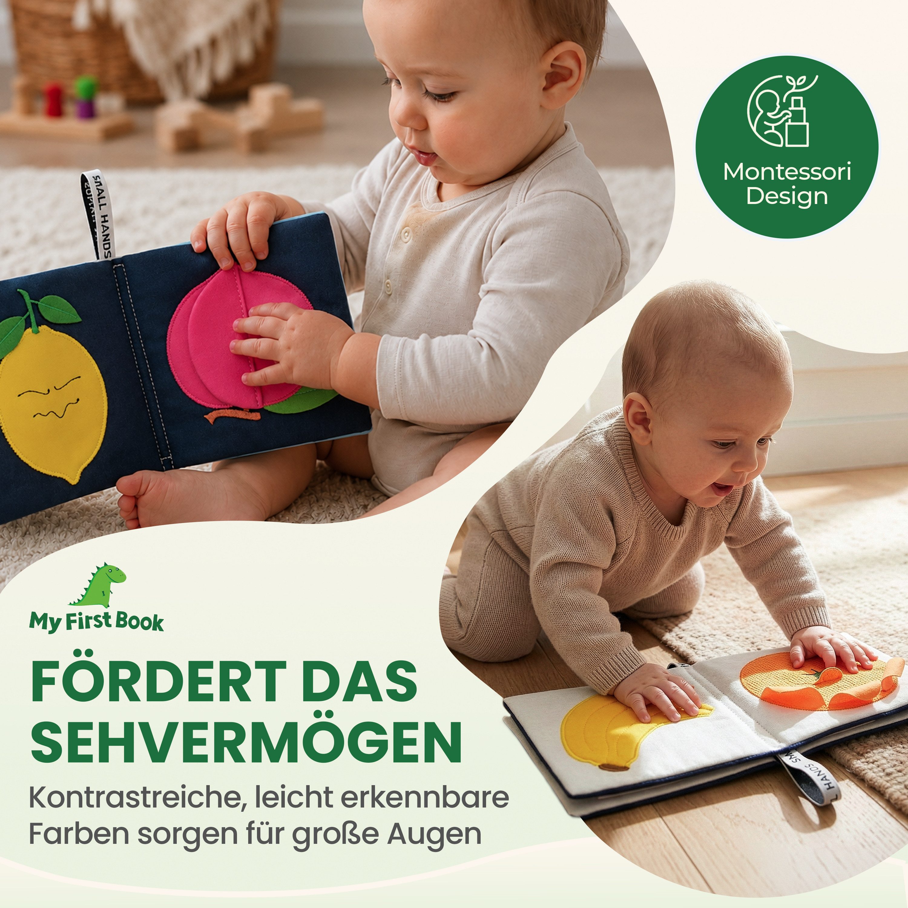 My First Book Stoffbuch Small Hands, Baby Fühlbuch, 0-12 Monate, Baby Spielzeug, Fühlbuch Stoffbuch waschbar, Montessori ab 0 Monate