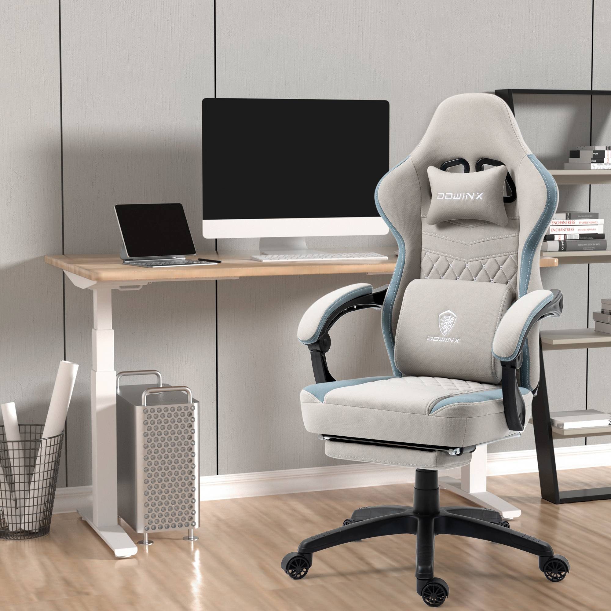 Dowinx Gaming-Stuhl Stoff-Massage-Gaming-Stuhl mit Fußstütze, ergonomisches Design, Gamer-Stuhl, maximale Belastbarkeit 160kg, Grau