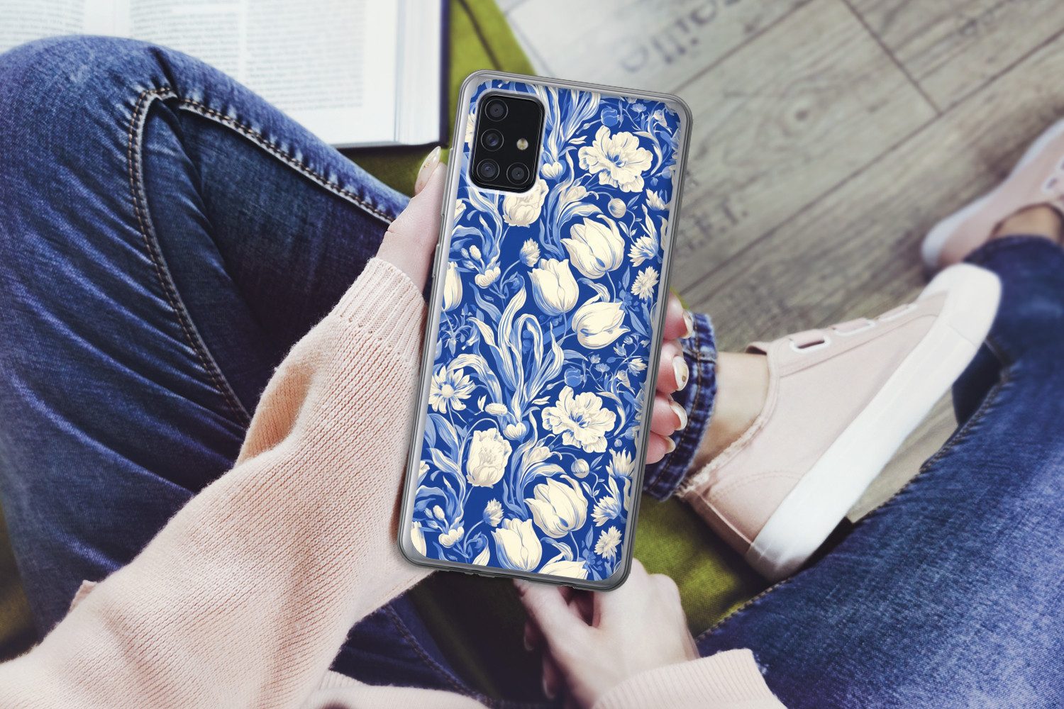 MuchoWow Handyhülle für Samsung Galaxy A52 5G Blumen - Delfter Blau - Muster - Tulpe, Smartphone-Bumper, Print, Handy Schutzhülle Dünn