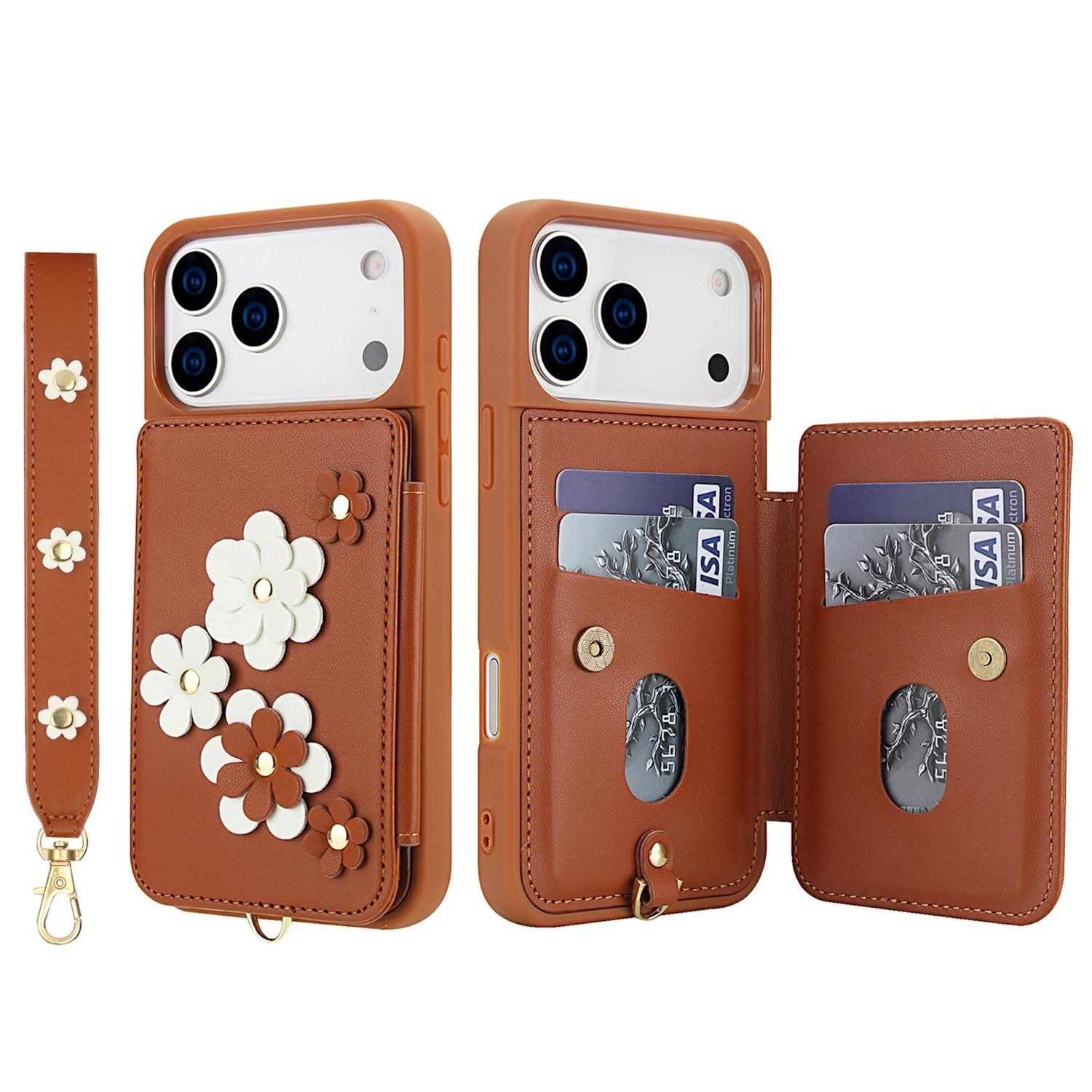 Wigento Handyhülle Für Apple iPhone 17 Pro Max Crossbody Kunstleder Blumen Hülle Braun, Mit Kartenfächern, Gurt, Kickstand-Funktion