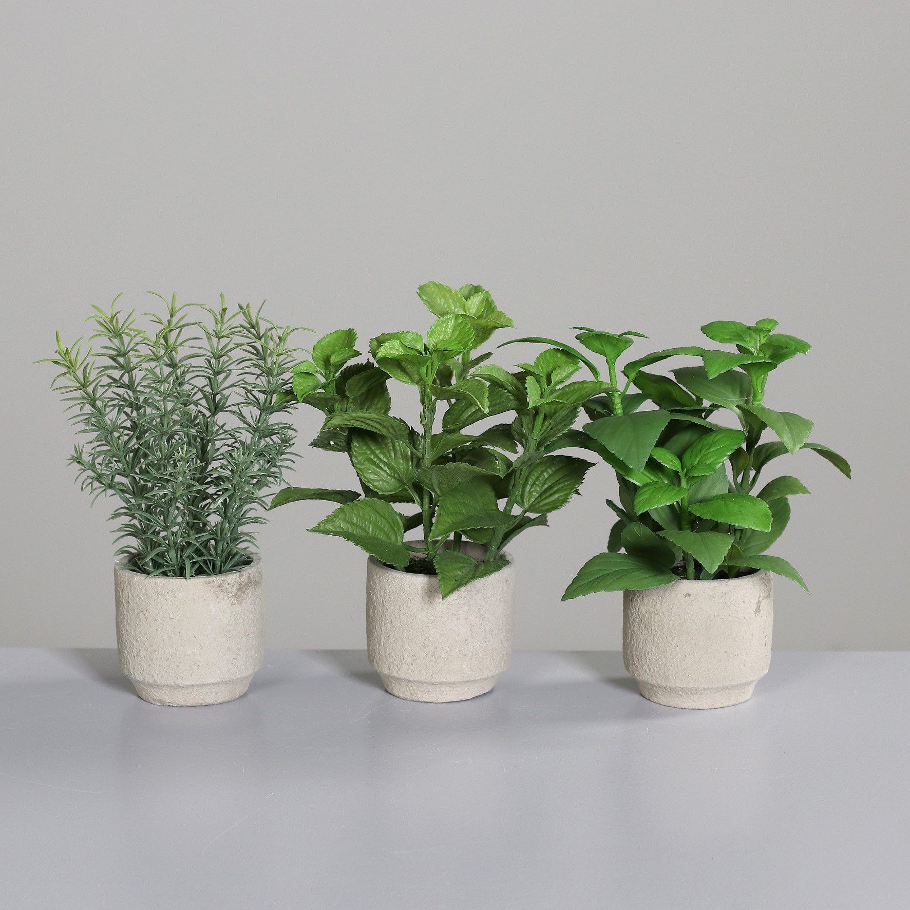 Kunstpflanze Künstliches botanisches Zierkräuter 3er Set, Zement-Töpfe, mucPlants