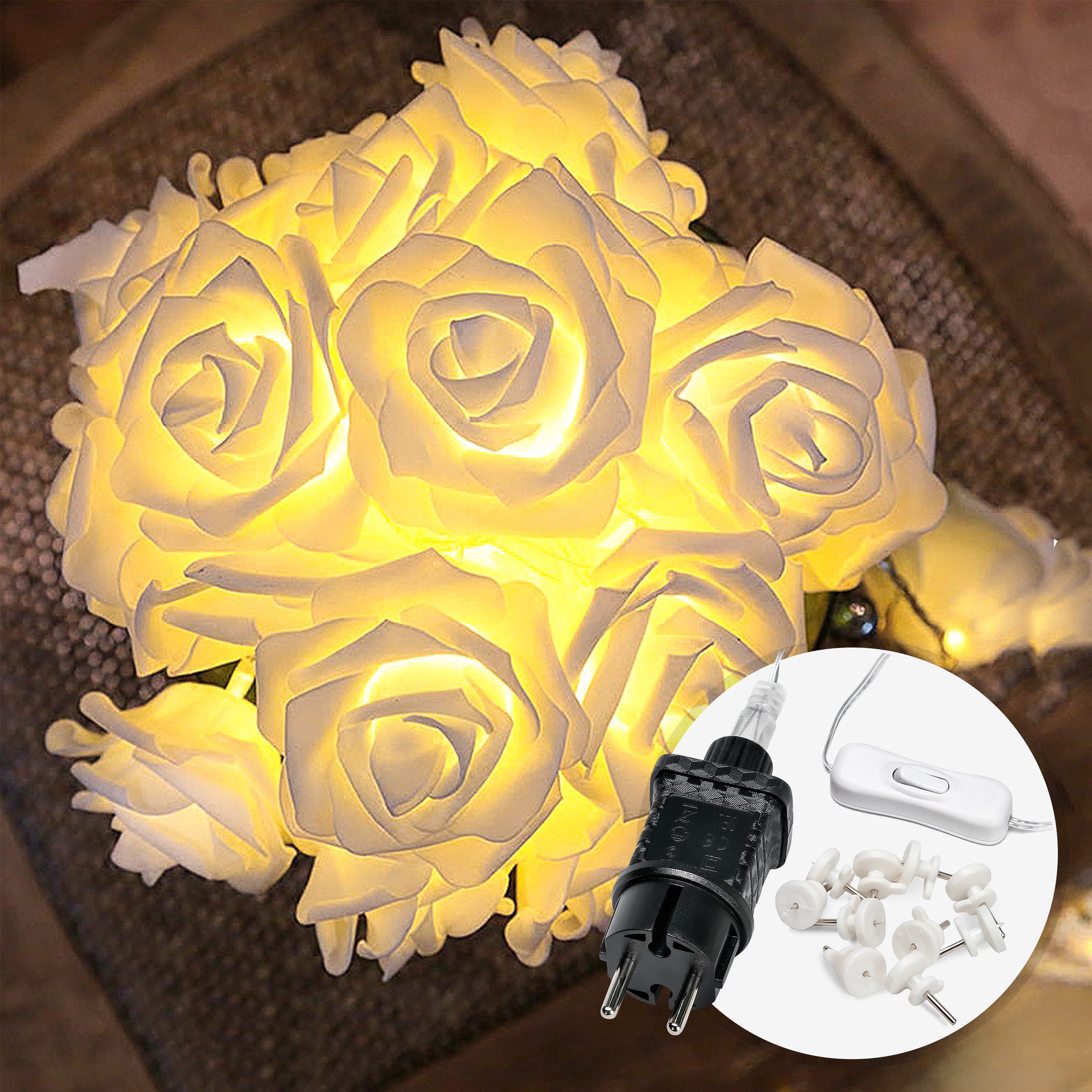 COZY HOME LED-Lichterkette Rosen Lichterkette Batterie & Stecker -, 5 Meter & 20 Blumen LED Warmweiß I Batterie&Stecker I Innenanwendung