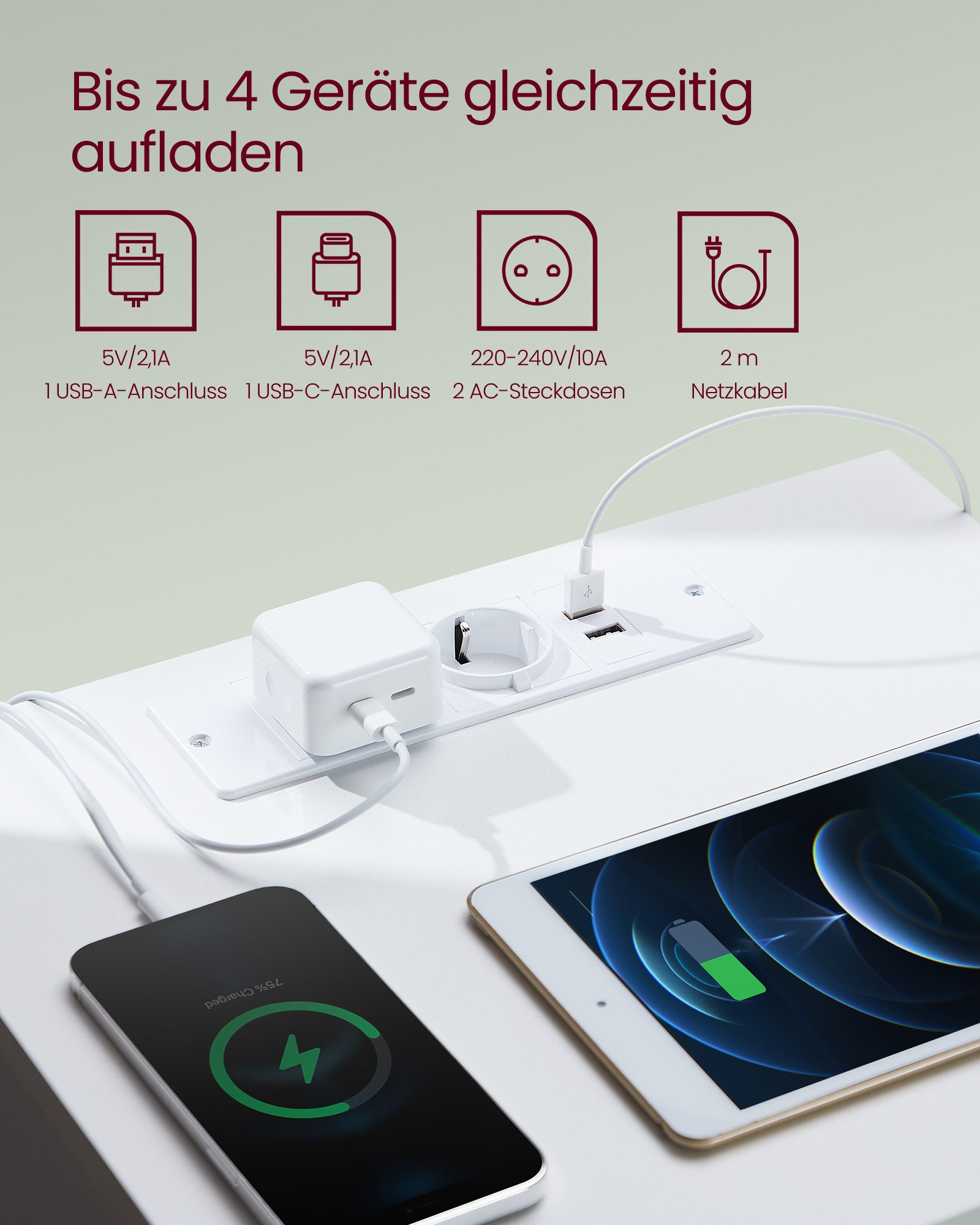 VASAGLE Nachttisch Nachttisch mit Steckdosenleiste, Beistelltisch, 2 Schubladen, modern (1-St), 2 AC-Steckdosen, 2 USB-A-Anschlüsse, für Schlafzimmer