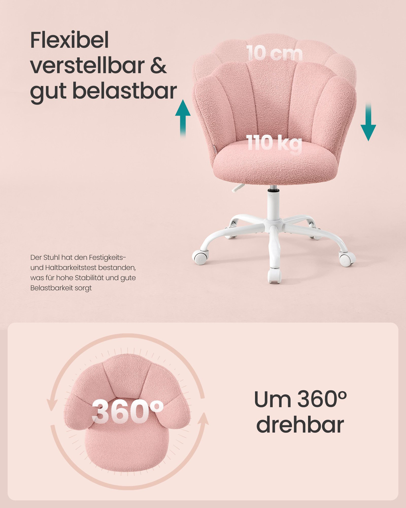 SONGMICS Bürostuhl Schminktischstuhl, für Wohnzimmer, Schlafzimmer, 64 x 64 x (79-89) cm, bis zu 110 kg belastbar, Blütenblatt-Rückenlehne, höhenverstellbar – Bild 5 von 5