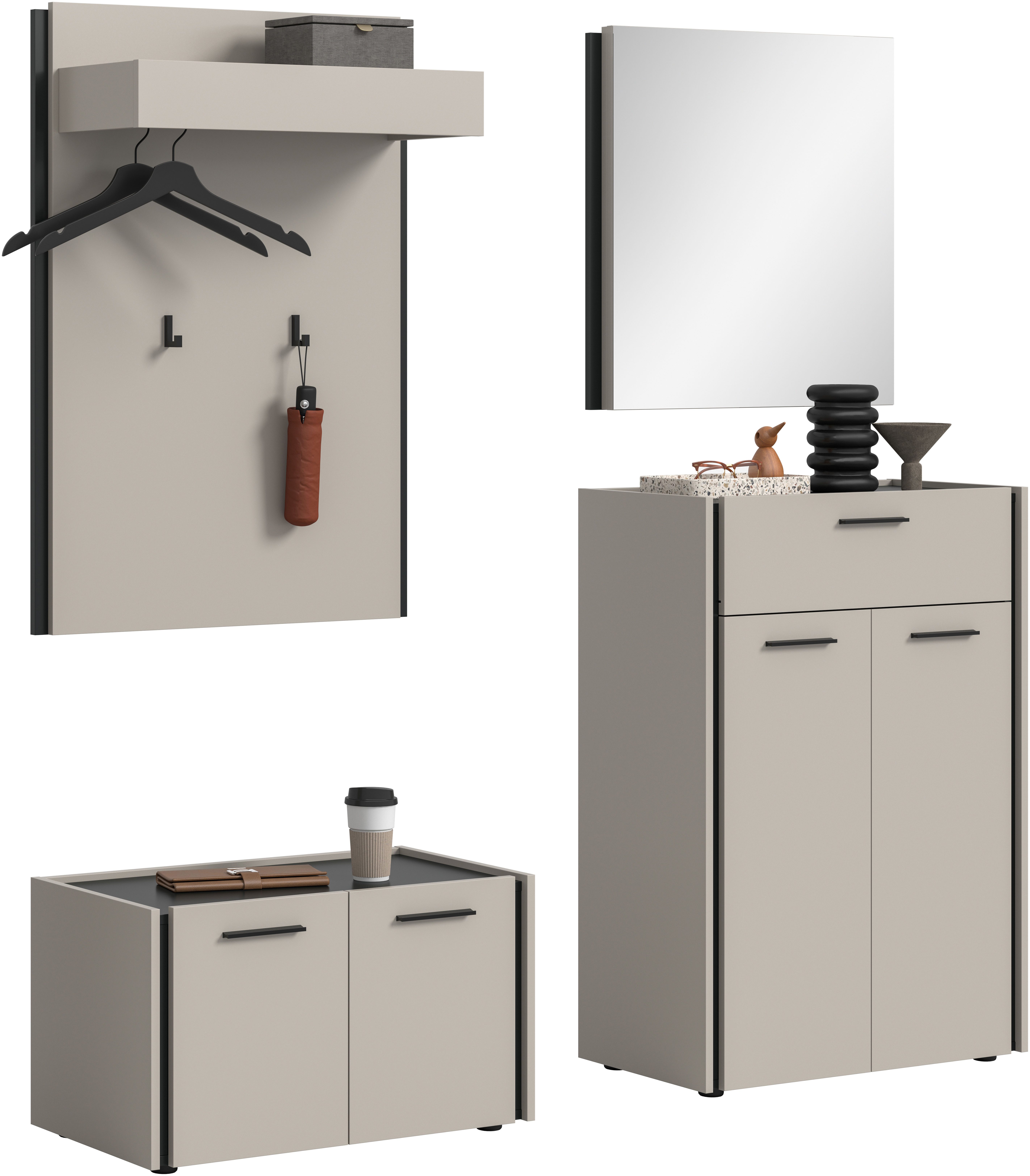 Home affaire Garderoben-Set RAK, 4-teilige Garderoben-Kombination, Breite ca. 165 cm, (4-St., Sitzbank, Garderobenpaneel, Schuhkommode, Spiegel), Garderobenkombination, Kombination, Set, Flurgarderobe, Diele