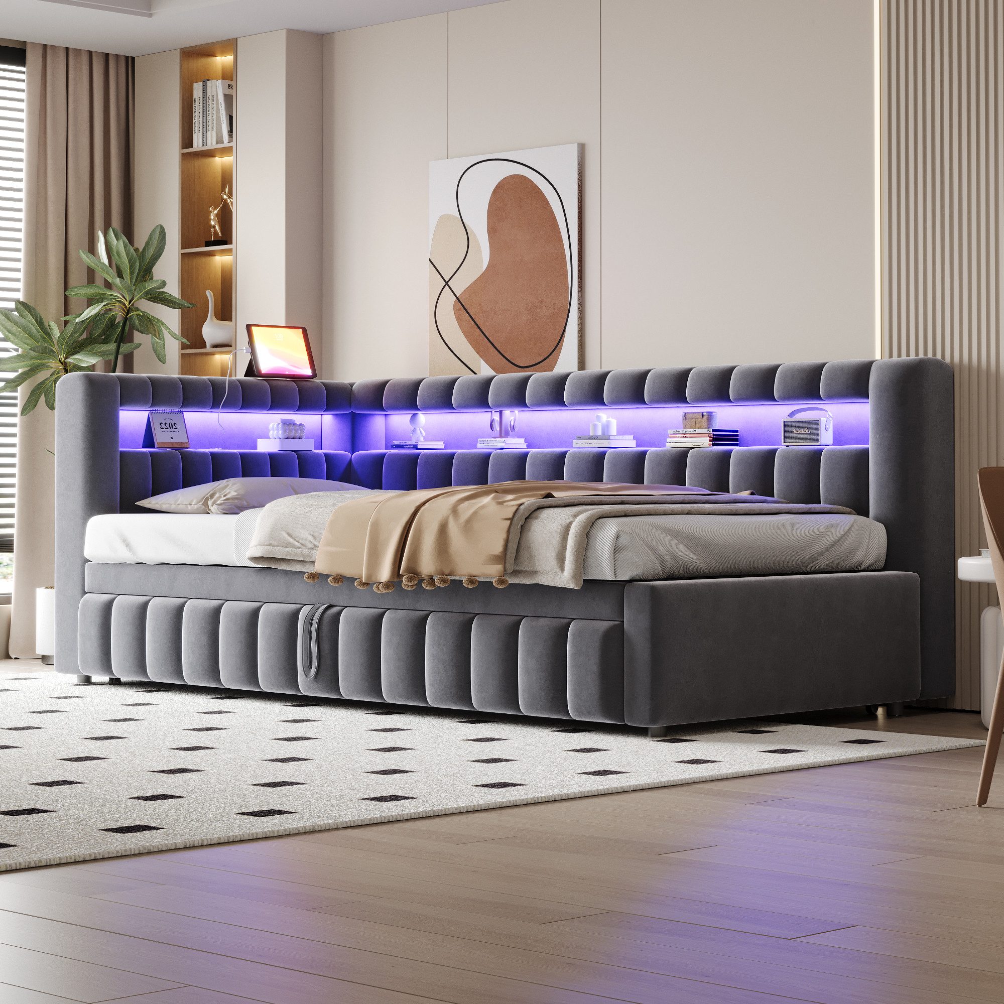 MODFU Schlafsofa mit Ausziehbett, Polsterbett mit LED-Beleuchtung & USB-Anschluss, Kinderbett 90x200/180x190 cm, ohne Matratze