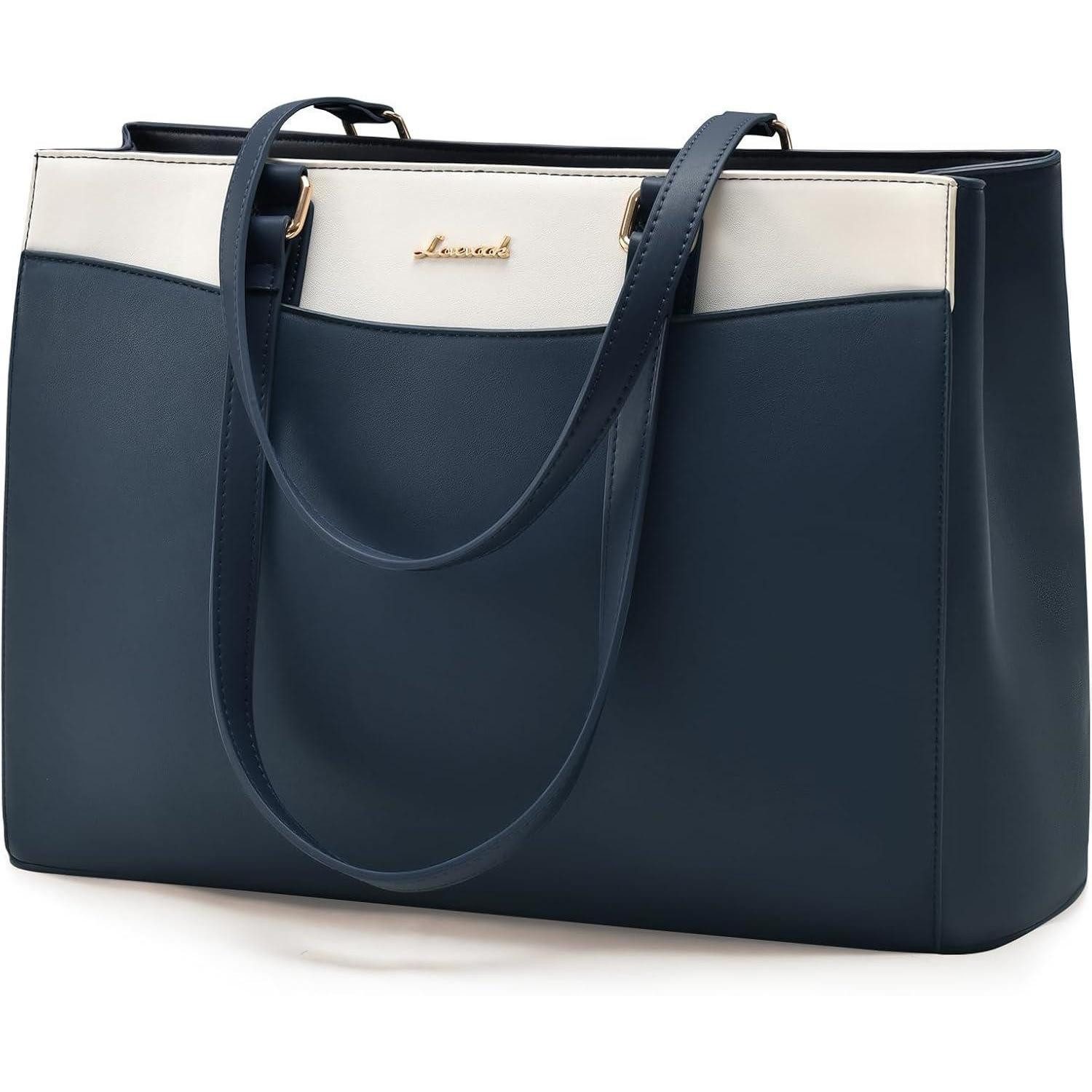 LuxusKollektion Laptoptasche Laptoptasche Damen Handtasche Aktentasche Dunkelblau beige 15,6 Zoll