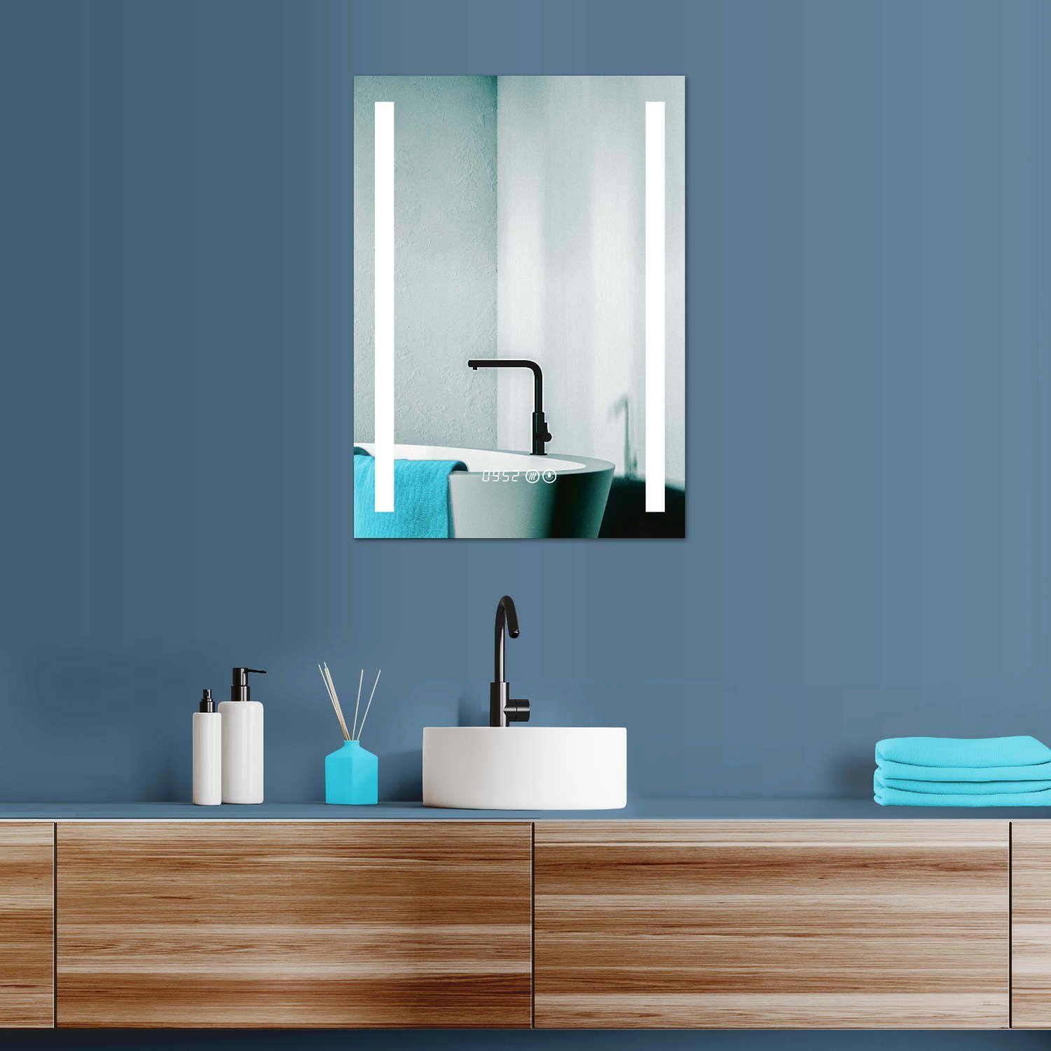 HOKO Badspiegel LED Antibeschlag Wandspiegel 50x70/60x80cm+Uhr+LED Wechsel (Warmweiß - Kaltweiß - Neutral. Licht mit Touch Schalter und mit Wandschalter einschaltbar. Memory-Funktion.IP44, 5mm HD Glass)