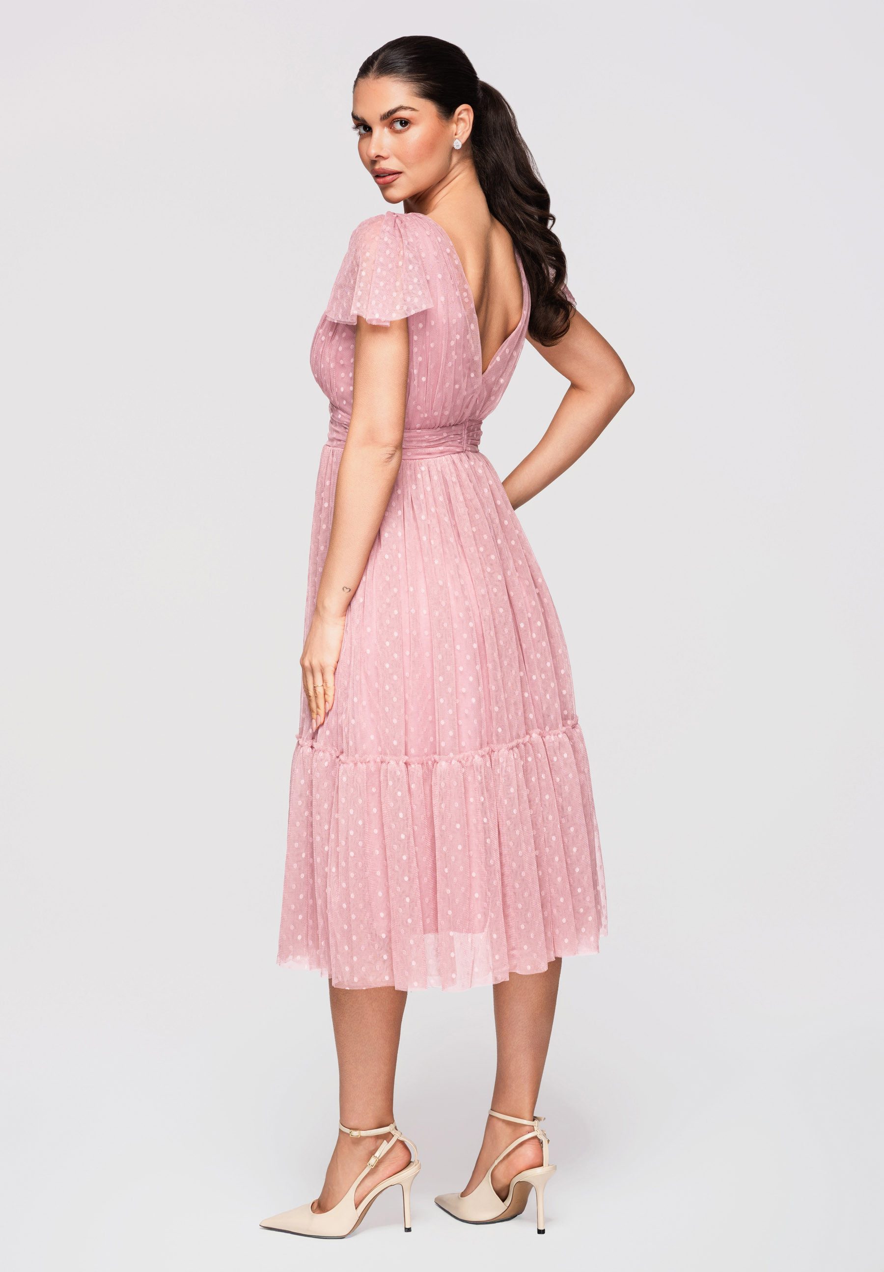 OMBRE Abendkleid Midi Kleid Ausgestellt V-Ausschnitt Cocktailkleid Dark pink L (kein Set, 1-tlg) Mehrlagige Konstruktion, transparente Netzstruktur – Bild 4 von 5