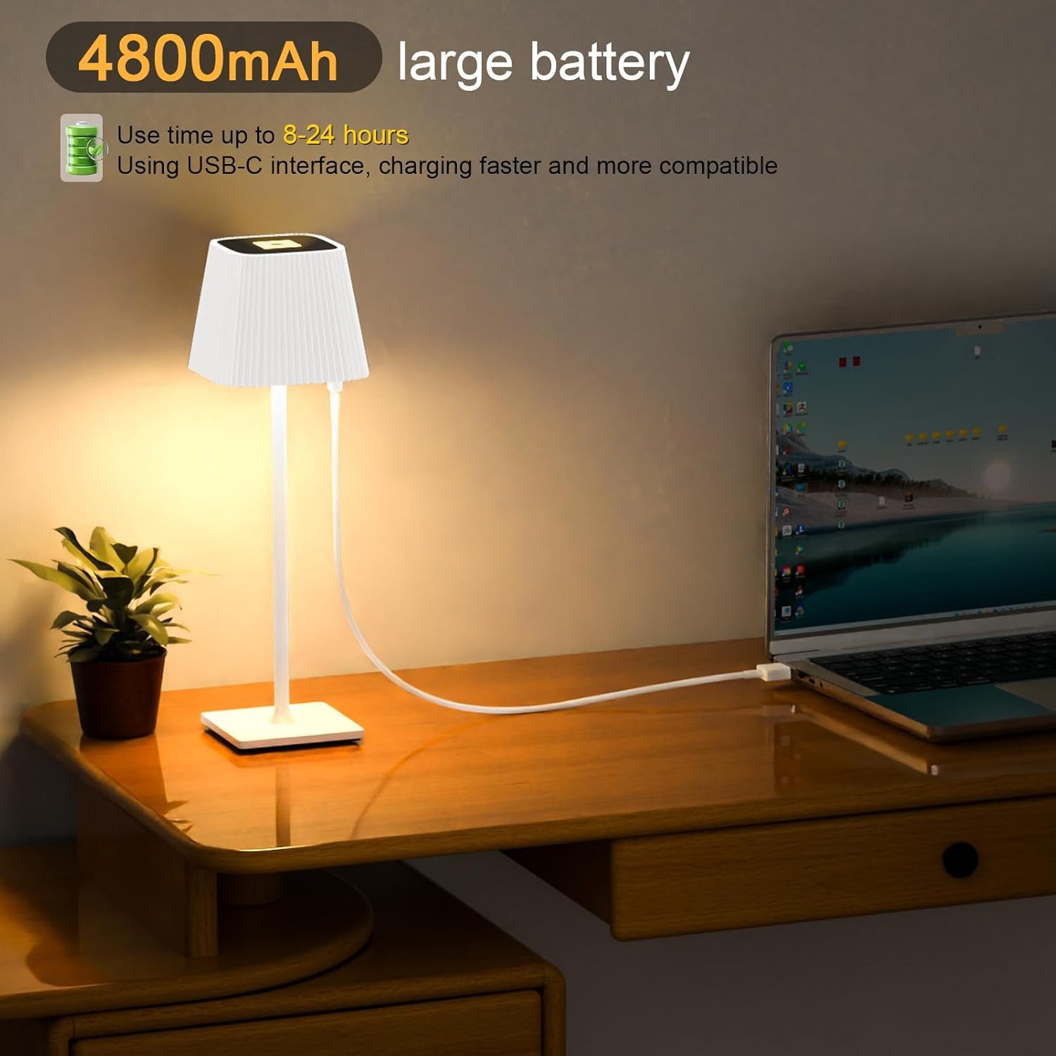 skelo LED Tischleuchte Tischlampe Kabellos, Dimmbare Tischleuchte LED mit 3 Farbtemperatur, led tischleuchte kabellos, tischlampe kabellos, tischlampe akku, led tischlampe, warmes Licht, natürliche Licht, kaltes Licht, 3 Farbtemperaturen, Höhenverstellung 23-40 cm, 5%-100% Helligkeit