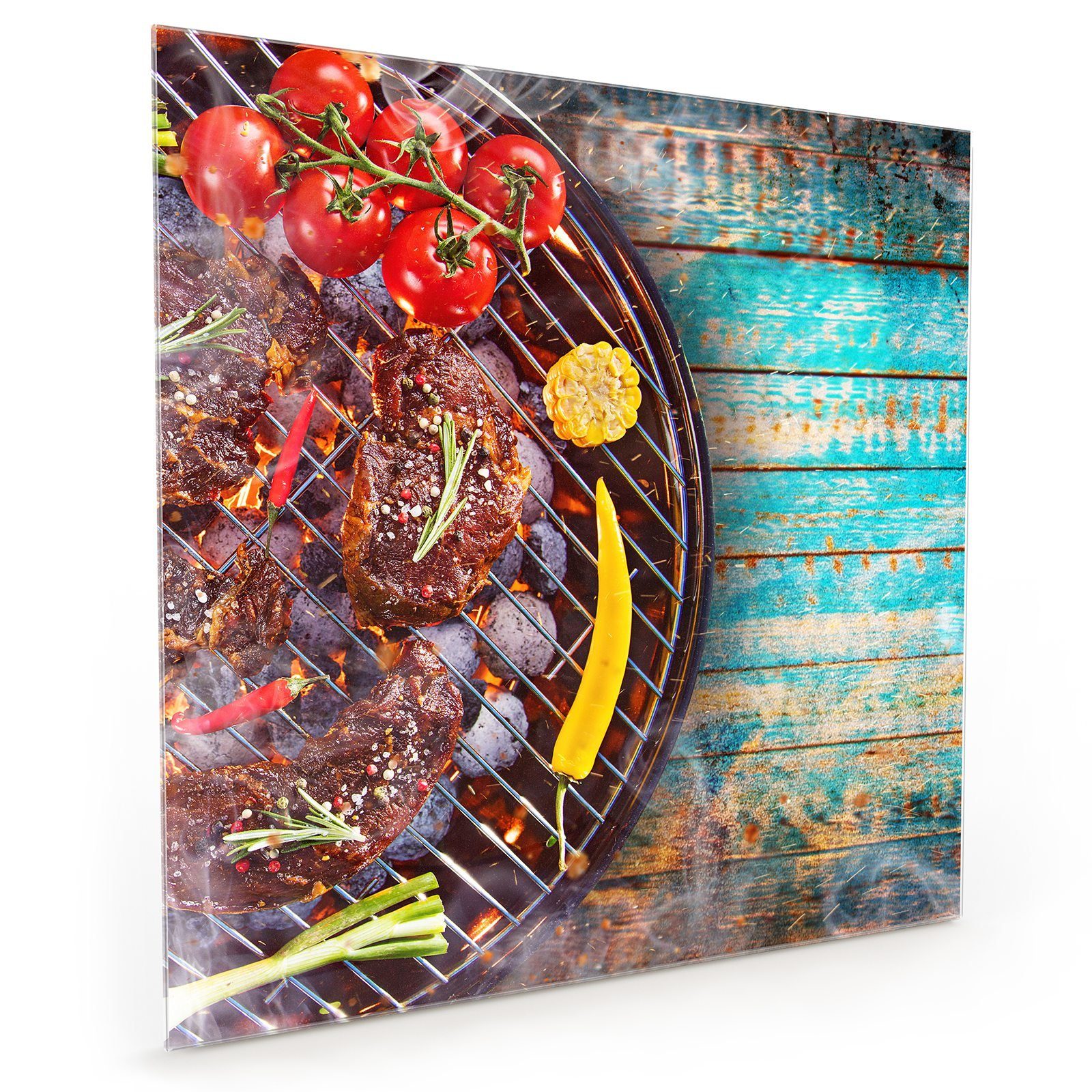 Glas Fleisch auf mit Motiv Grill Spritzschutz Küchenrückwand Küchenrückwand Primedeco