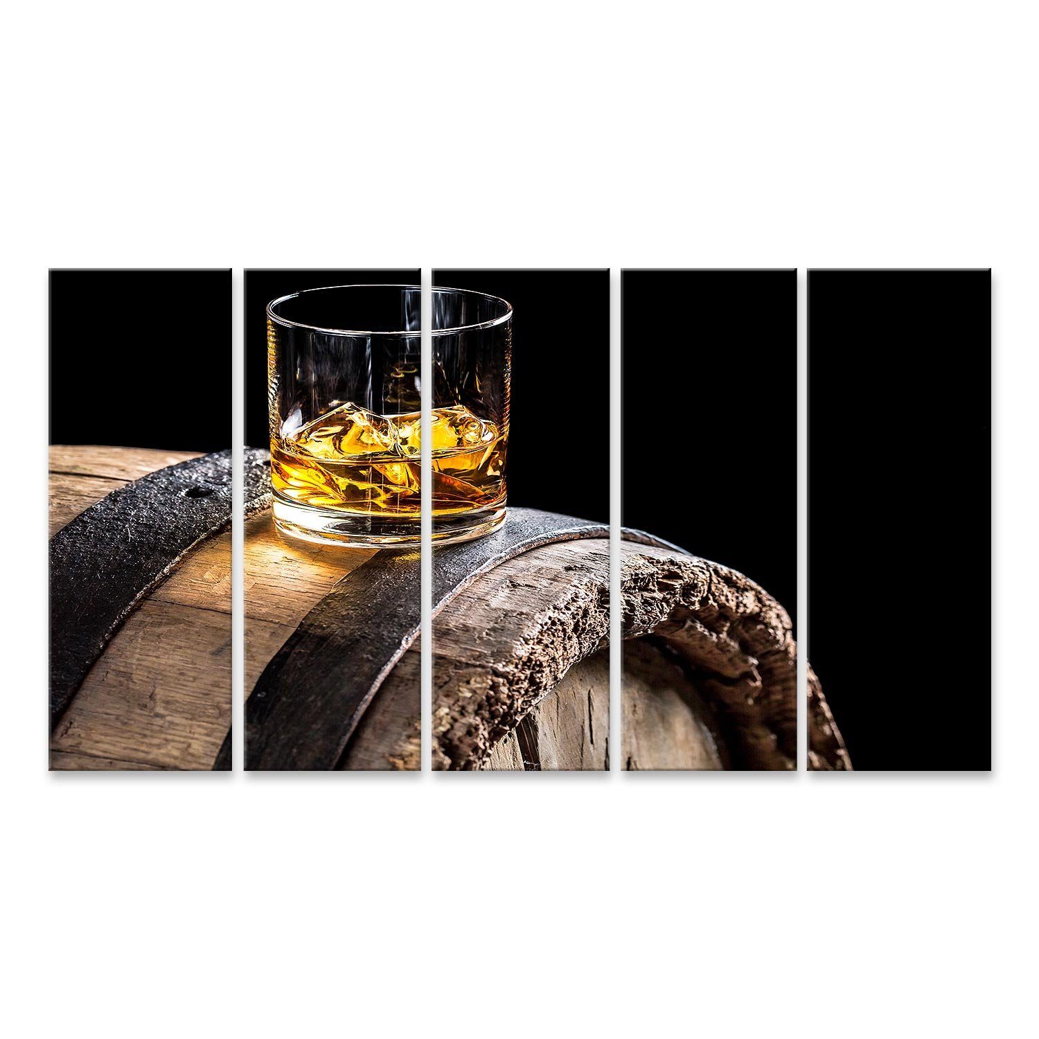 Leinwandbild Bild auf Leinwand Glas Whisky Mit Eis Auf Alten Eichenfass Wandbild L
