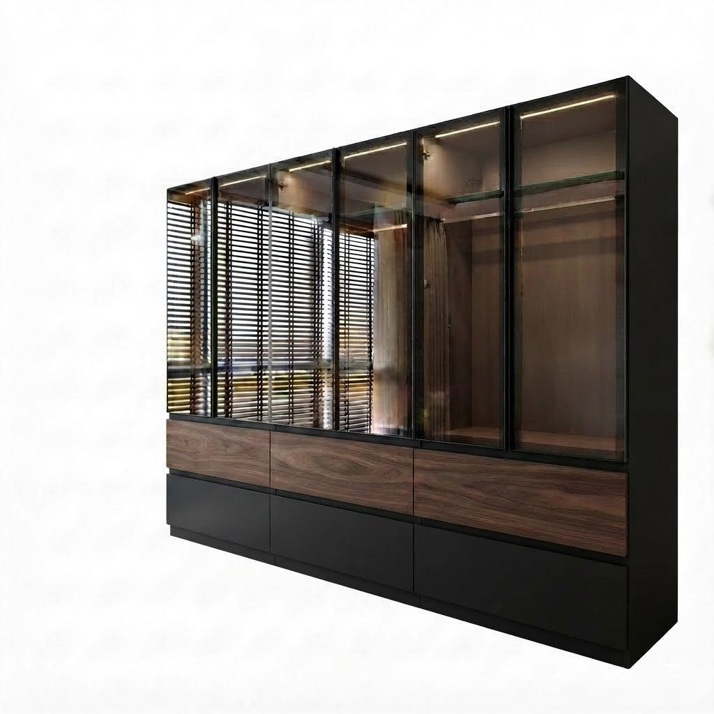 Palms-Store Kleiderschrank Sansibar mit Glastüren, 6 Schubkasten inkl. Beleuchtung Breite: 300cm, Höhe: 218cm, Tiefe: 62cm