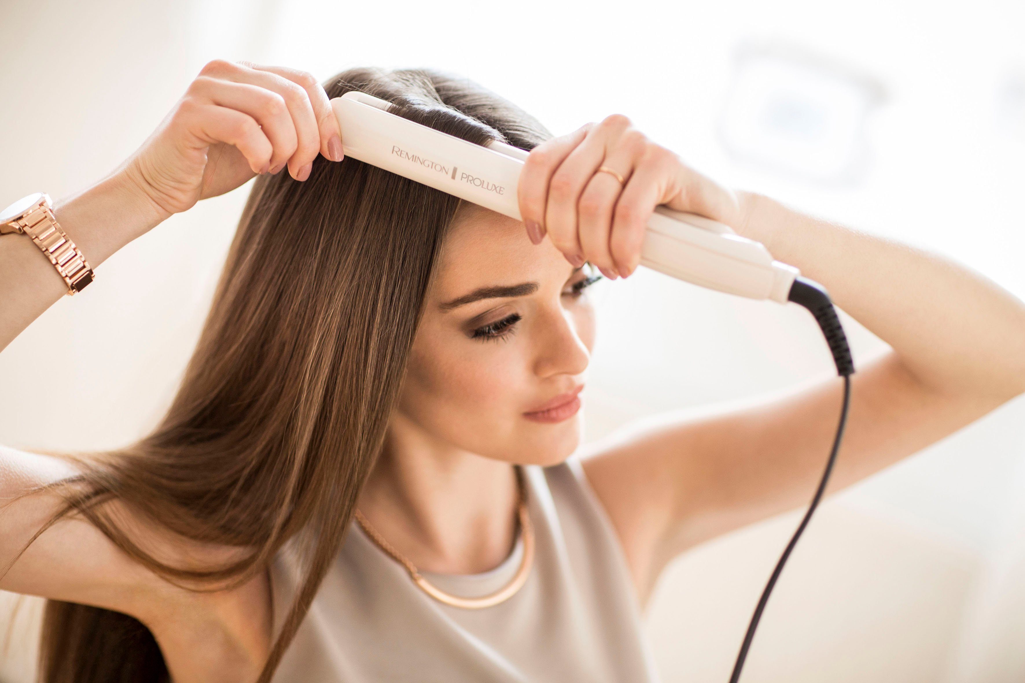 Remington Glätteisen PROluxe, S9100, Haarglätter Ultimate-Glide-Keramik-Beschichtung, OPTIheat-Technologie für schonendes Styling beige|rosa