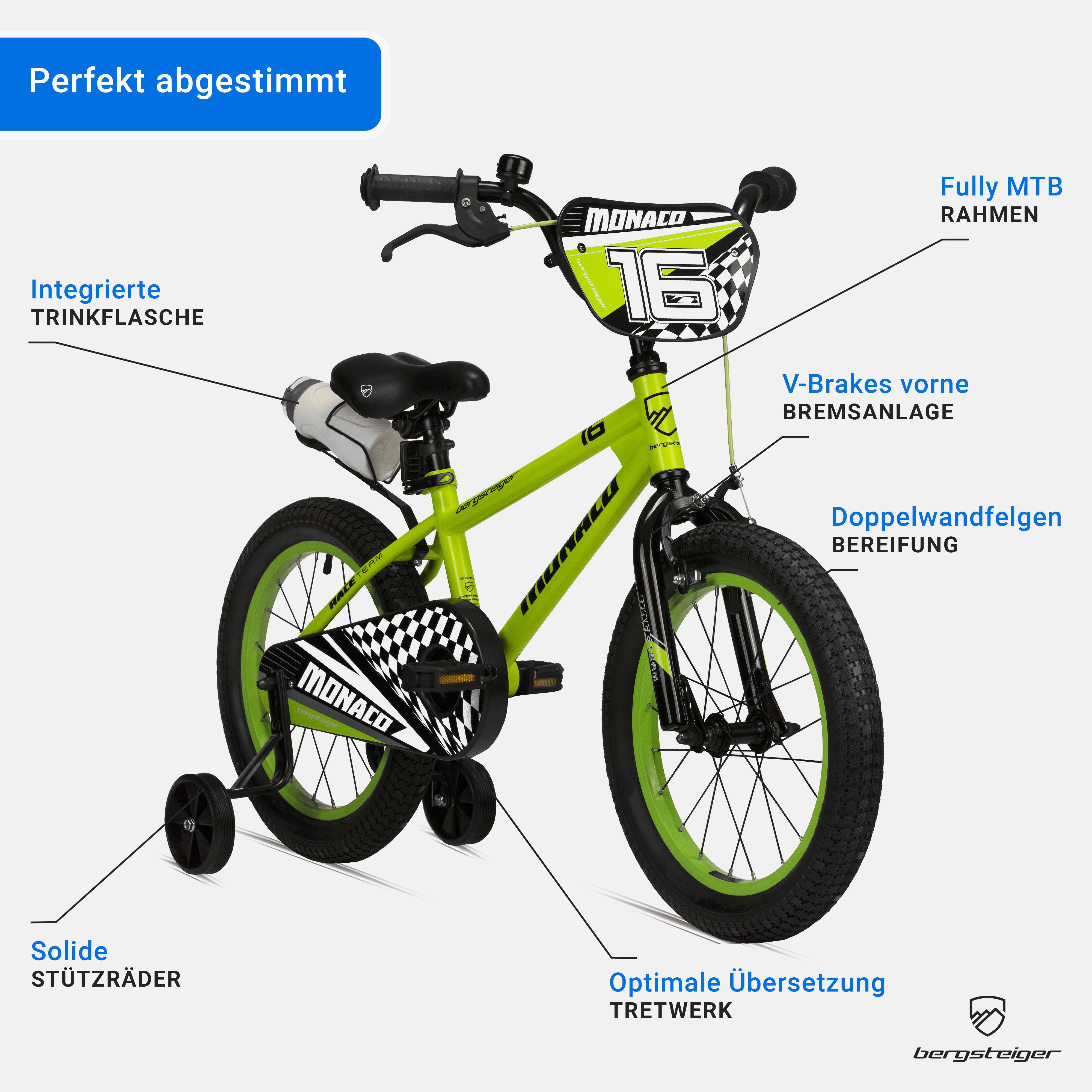 bergsteiger Kinderfahrrad Monaco 16 Zoll, geeignet für 4, 5, 6 Jahre, BMX, 1 Gang, V-Brakes, Trinkflasche – Bild 5 von 5