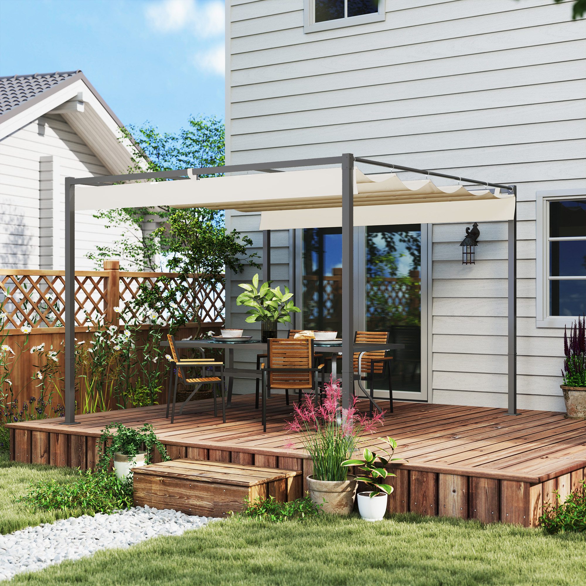 Outsunny Pergola aus Metall, mit verstellbares Dach, Freistehend, (Garten Pavillon, 1-tlg., Terrassendachung), UV Schutz 30+, für Terrasse und Garten, Beige