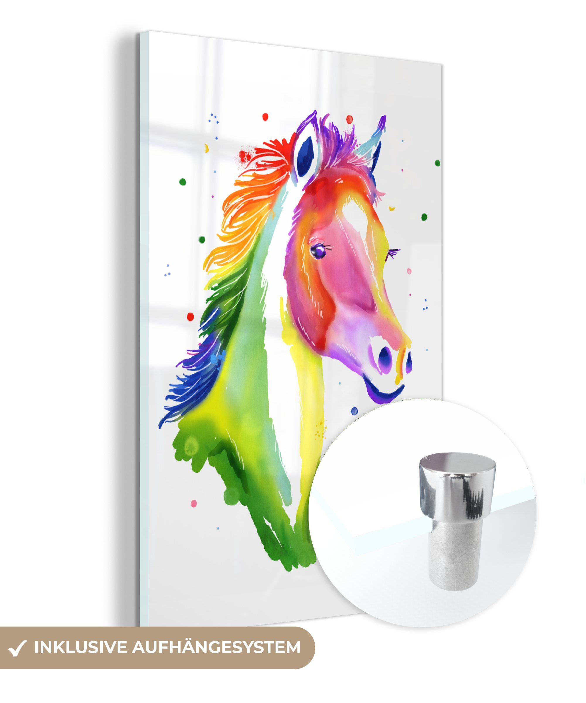 MuchoWow Acrylglasbild Pferd - Regenbogen - Weiß - Mädchen - Kinder - Mädchen, (1 St), Glasbilder - Bilder auf Glas Wandbild - Foto auf Glas - Wanddekoration