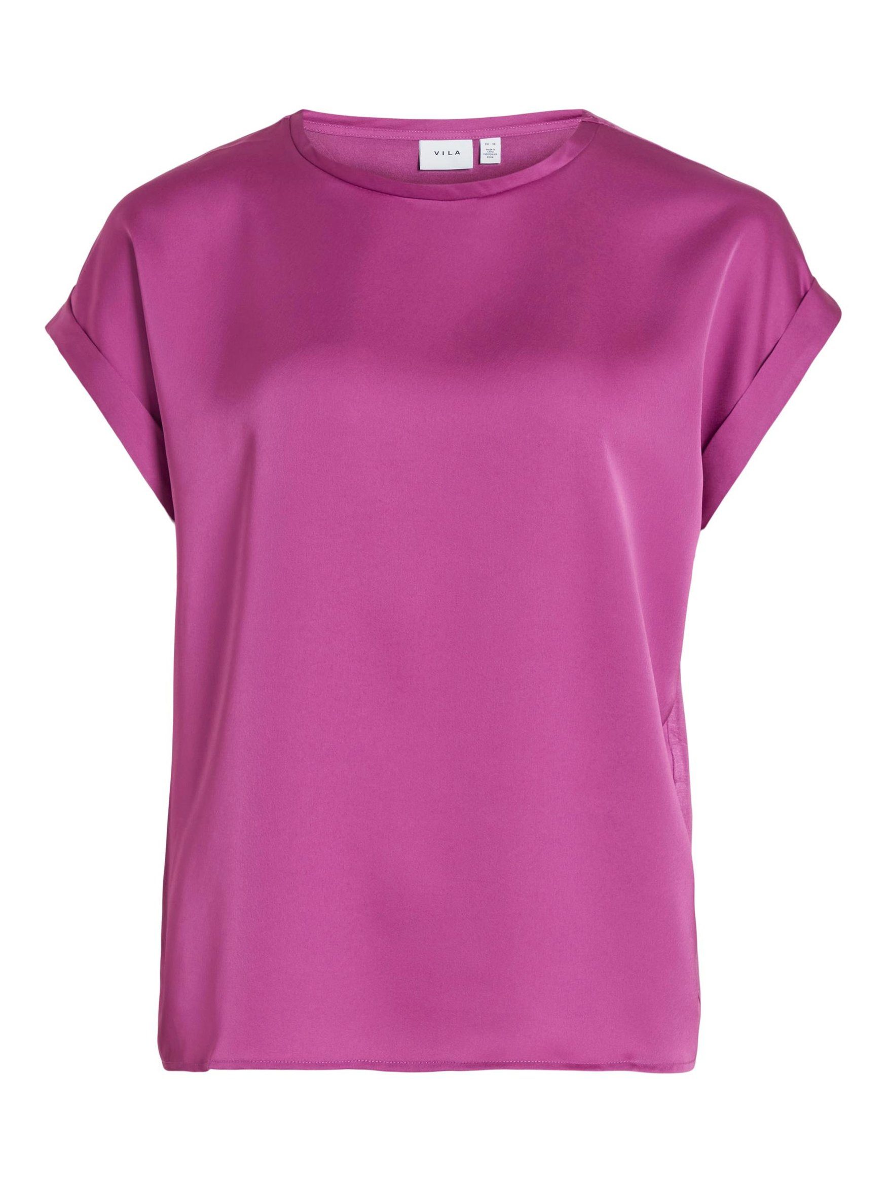Vila T-Shirt Satain Blusen T-Shirt Kurzarm Basic Top Glänzend VIELLETTE 4599 in Neon Pink | 