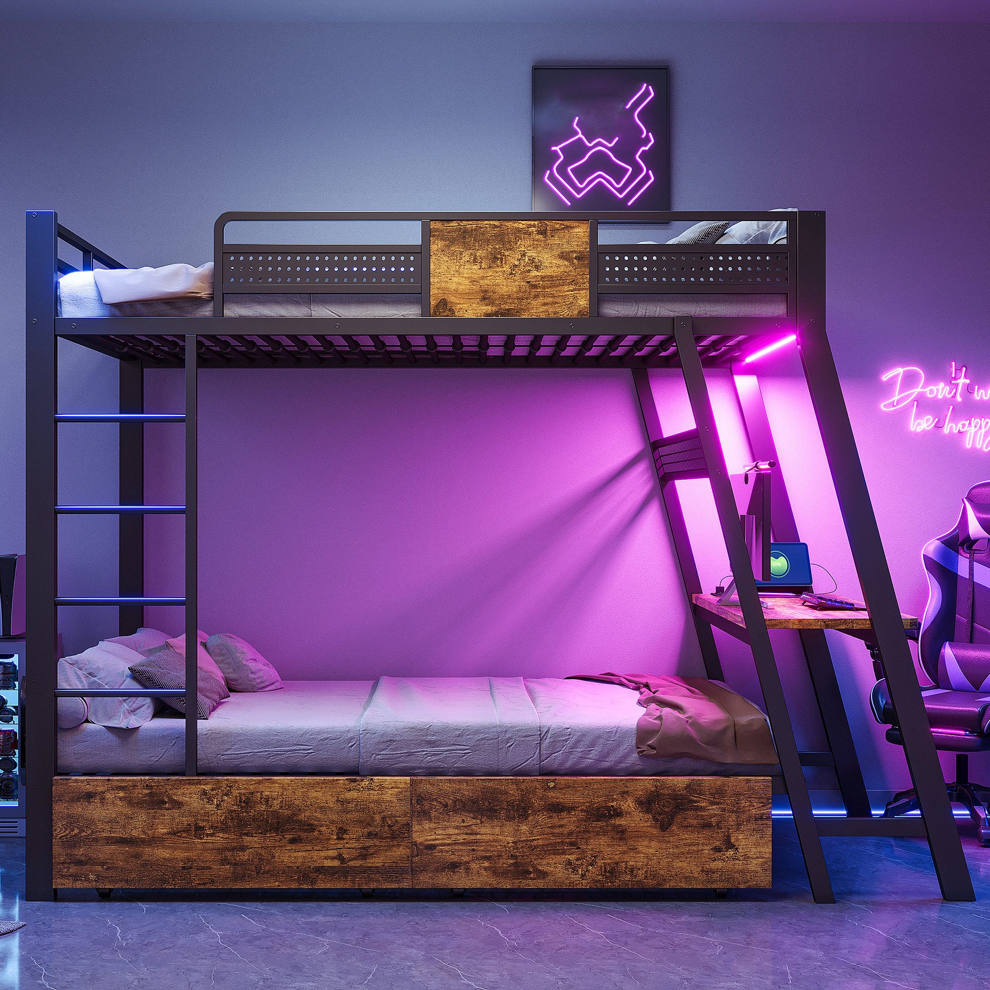 OKWISH Etagenbett Jugendbett Metallbett (90x200 cm, mit USB- und Type-C-Ladeanschluss sowie praktischen Aufbewahrungskörben), Kinderbett Eisenbett, ohne Matratze