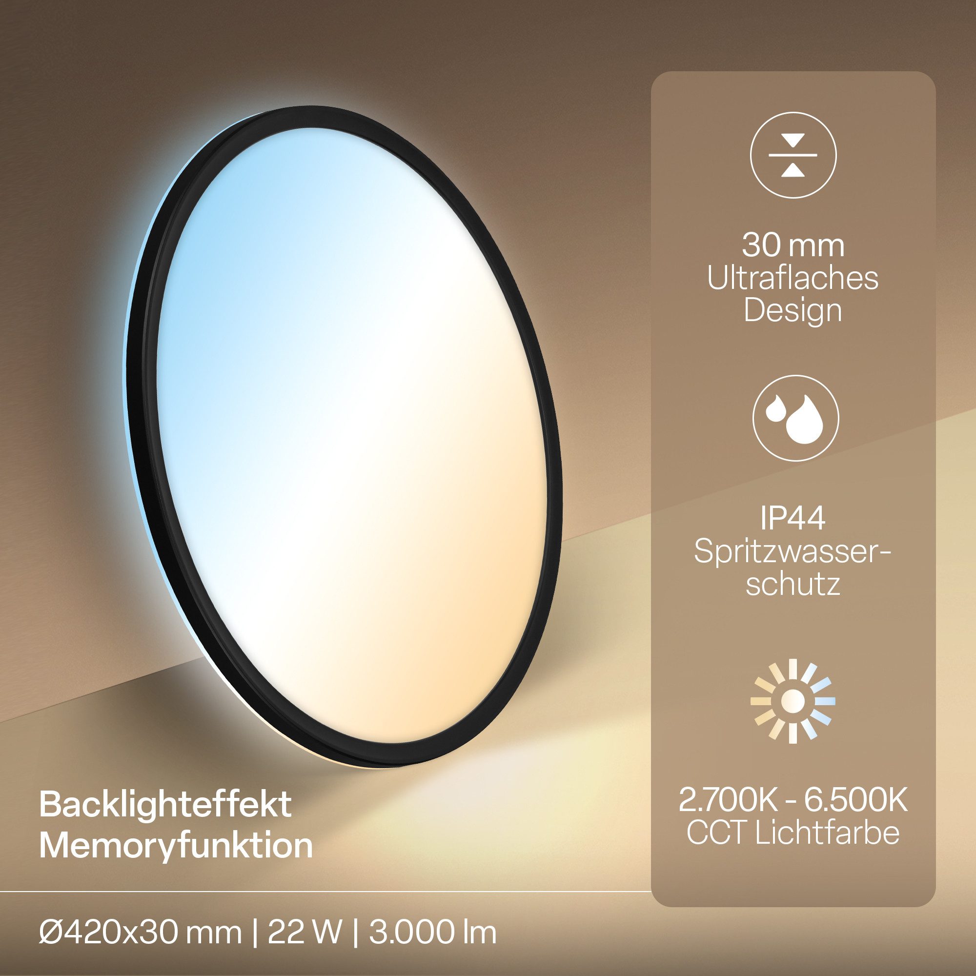 B.K.Licht LED Panel Deckenleuchte Wohnzimmer Flach Fernbedienung CCT Dimmbar IP44, LED fest integriert, CCT-Farbtemperatursteuerung, Badlampe, Badezimmer, Küche, Wohnzimmer