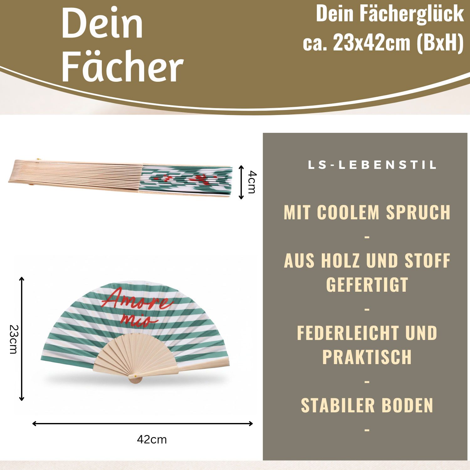 LS-LebenStil Handfächer Holz Stoff Fächer "Amore Mio" Grün Weiß Rot faltbar Faltfächer, (hochwertig aus Holz mit Stoff und coolem lustigem Spruch, 1-tlg., Styliche Abkühlung), für Geburtstag, Hochzeit, Party oder als Wand Dekoration