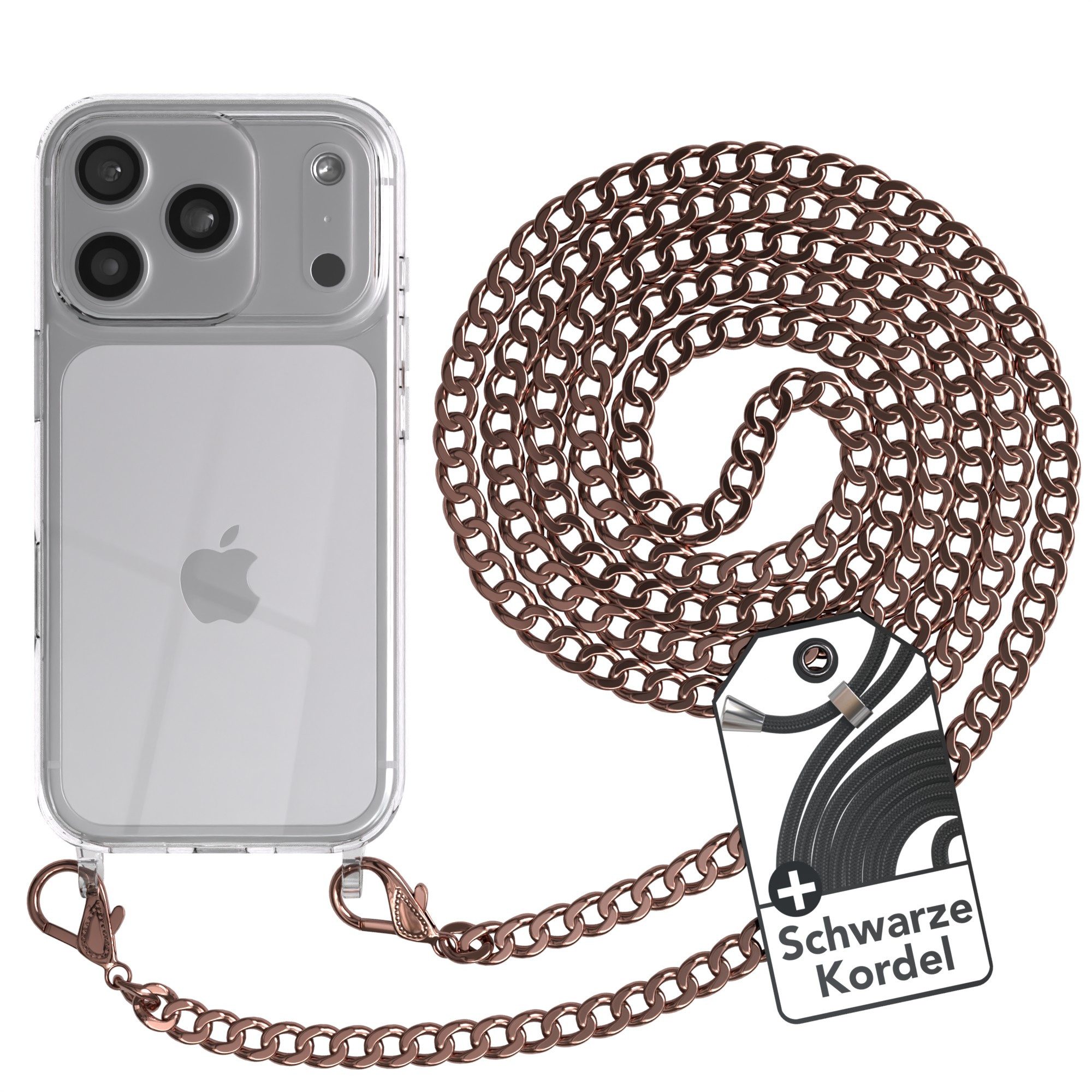 EAZY CASE Handykette 2in1 Metallkette für Apple iPhone 17 Pro 6,3 Zoll, Silikonhülle Transparent Smartphonekette für Unterwegs Ketten Rose