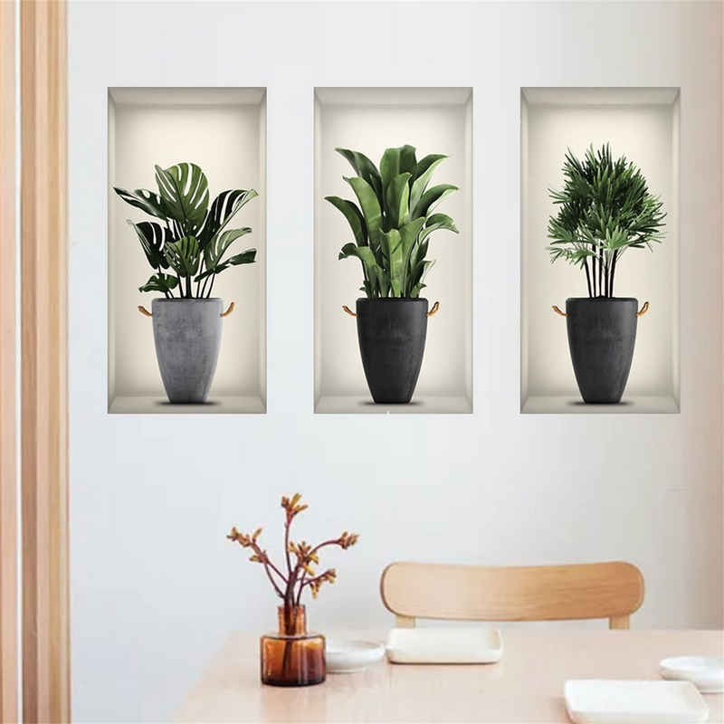 AROMUJOY Wandtattoo Potted plants 3D Wandaufkleber (3 St., Haus Dekoration), Selbstklebend