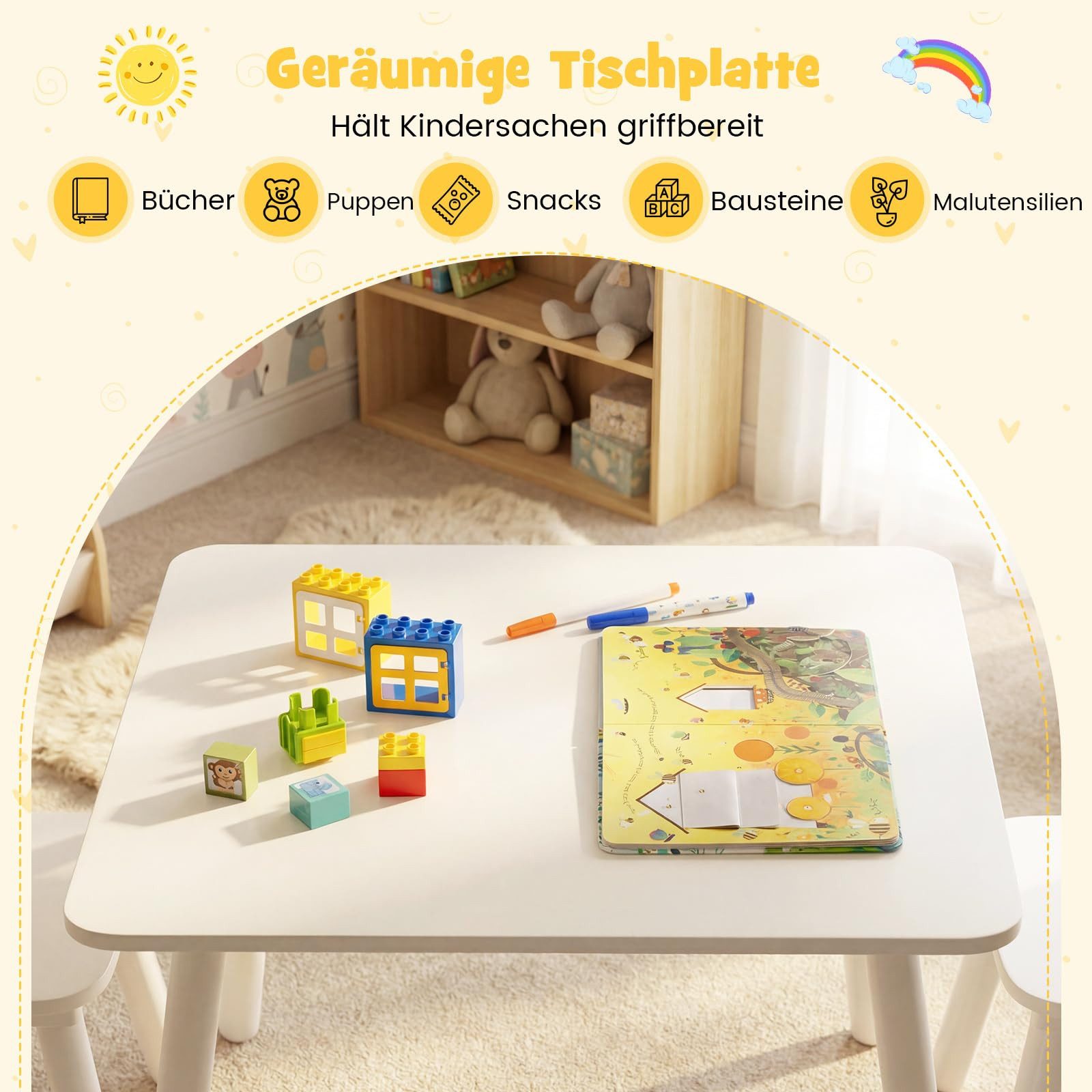 COSTWAY Kindersitzgruppe, (3-tlg), Kindertisch und 2 Stühle Set, Holz