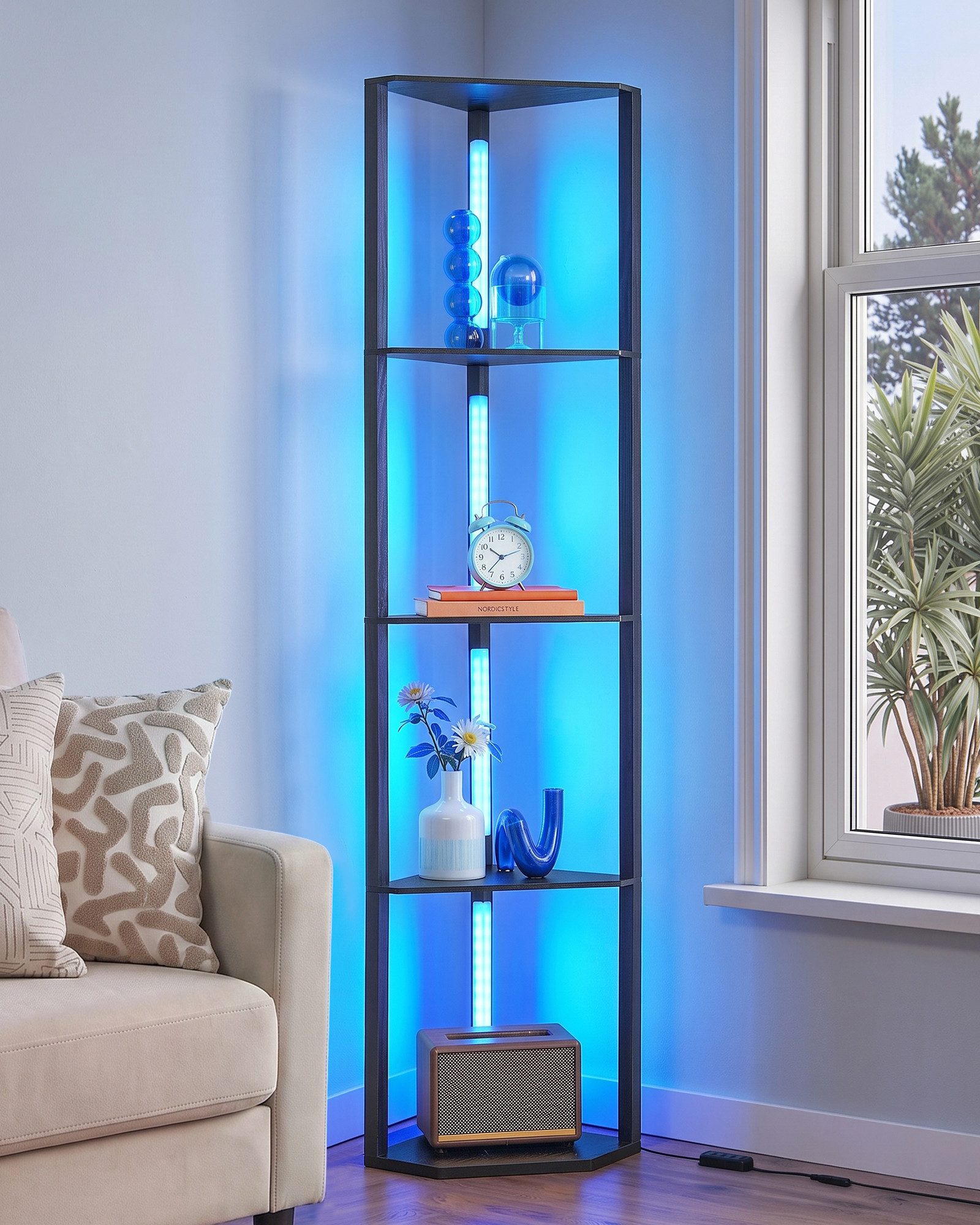 EDISHINE Stehlampe Wohnzimmer Dimmbar, Standleuchte mit Ablage, RGB, LED fest integriert, warmweiß bis kaltweiß dimmbar, LED Dimmbar Stehleuchte, Regal mit Licht