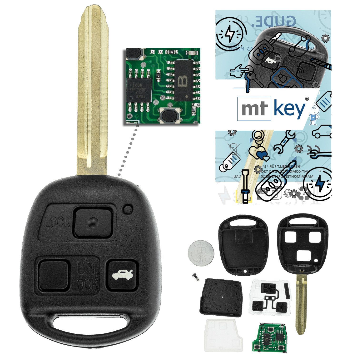 mt-key Schlüsseltasche 3 Tasten Auto Funkschlüssel ID67 TOY47 434MHZ (Set), für Toyota Corolla (E12, 01–07); Land Cruiser (J120, 02–09); Picni...