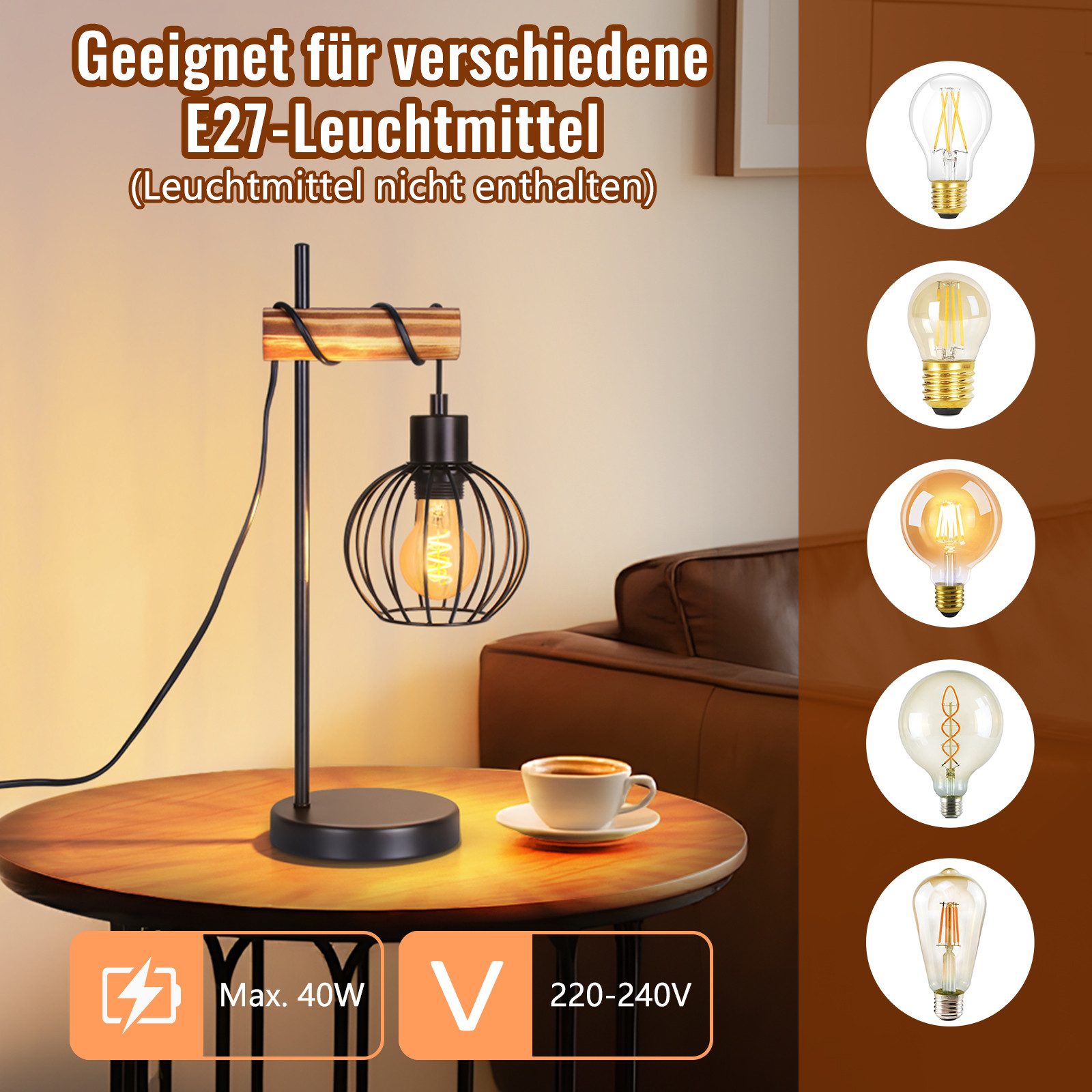 ZMH Tischleuchte Vintage Nachttischlampe E27 aus Metal Retro für Schreibtisch, inkl.Schalter, ohne Leuchtmittel, 1 flammig im Industrial Design aus Metall