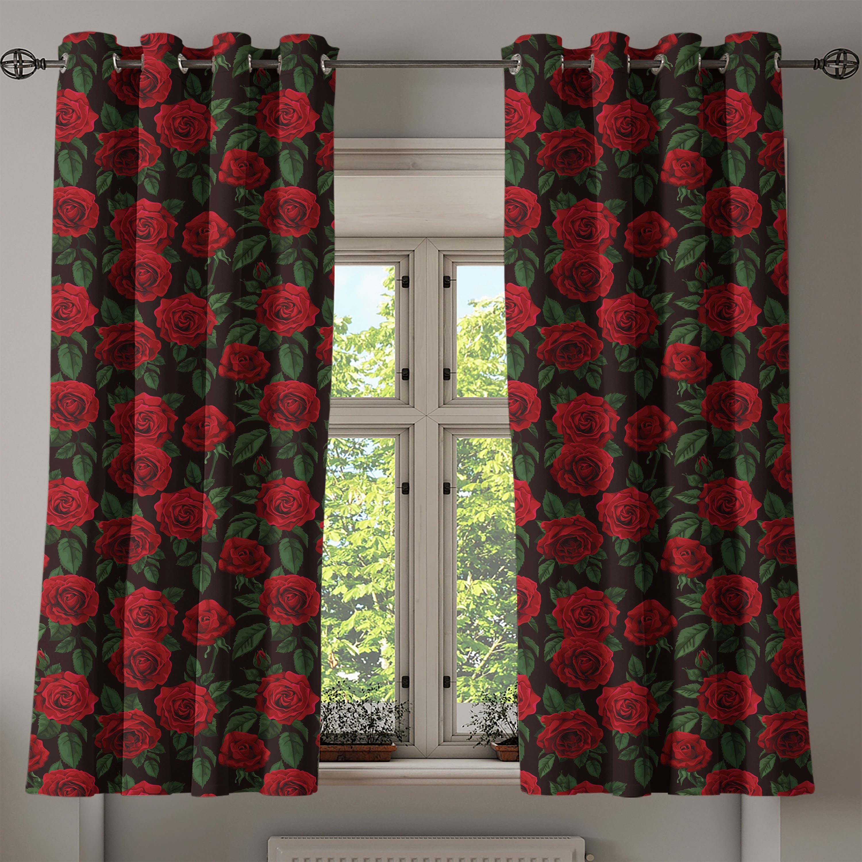 Gardine Dekorative 2-Panel-Fenstervorhänge für Schlafzimmer Wohnzimmer, Wachstum Retro Blumenblatt-Blatt Rose Abakuhaus
